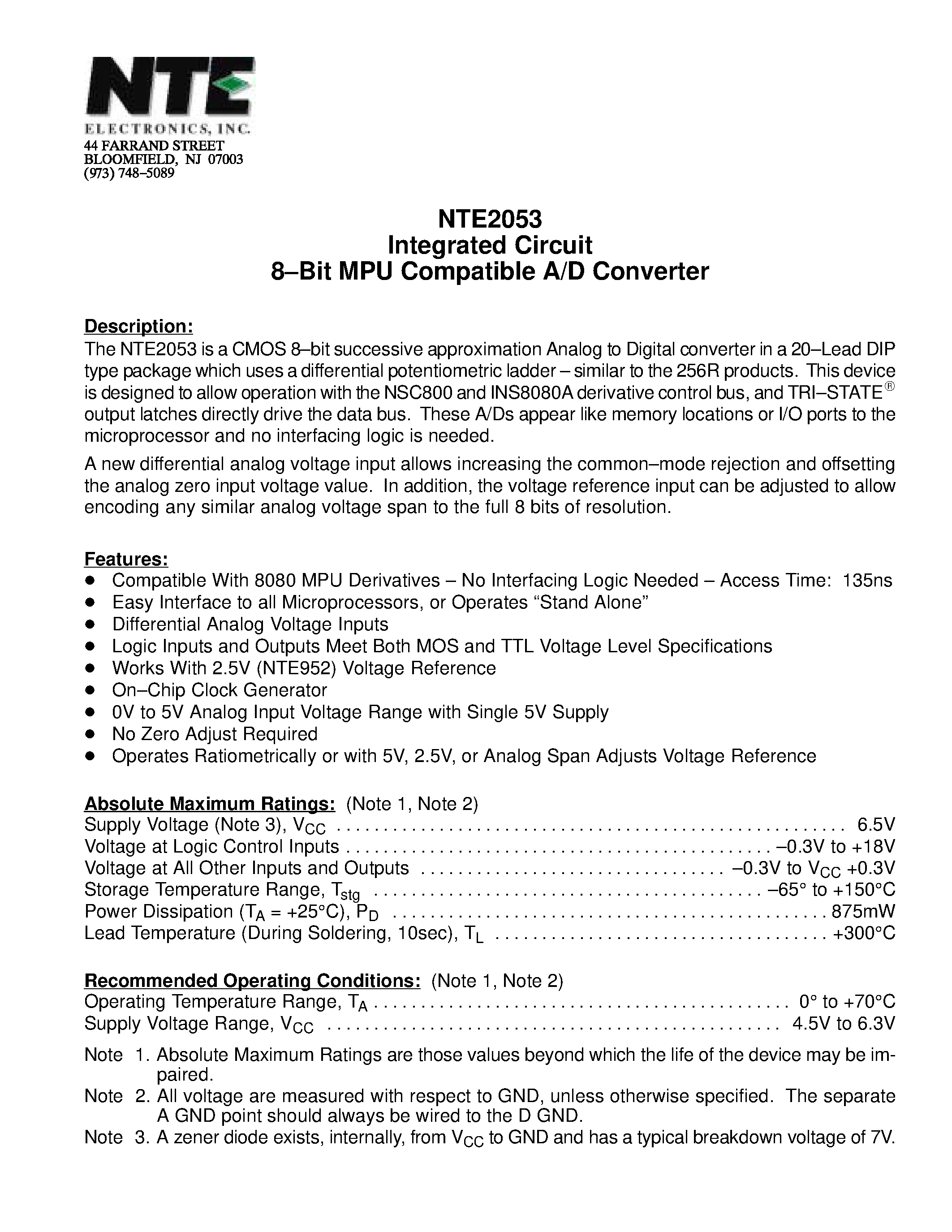 Даташит NTE2053 - Integrated Circuit 8-Bit MPU Compatible A/D Converter страница 1