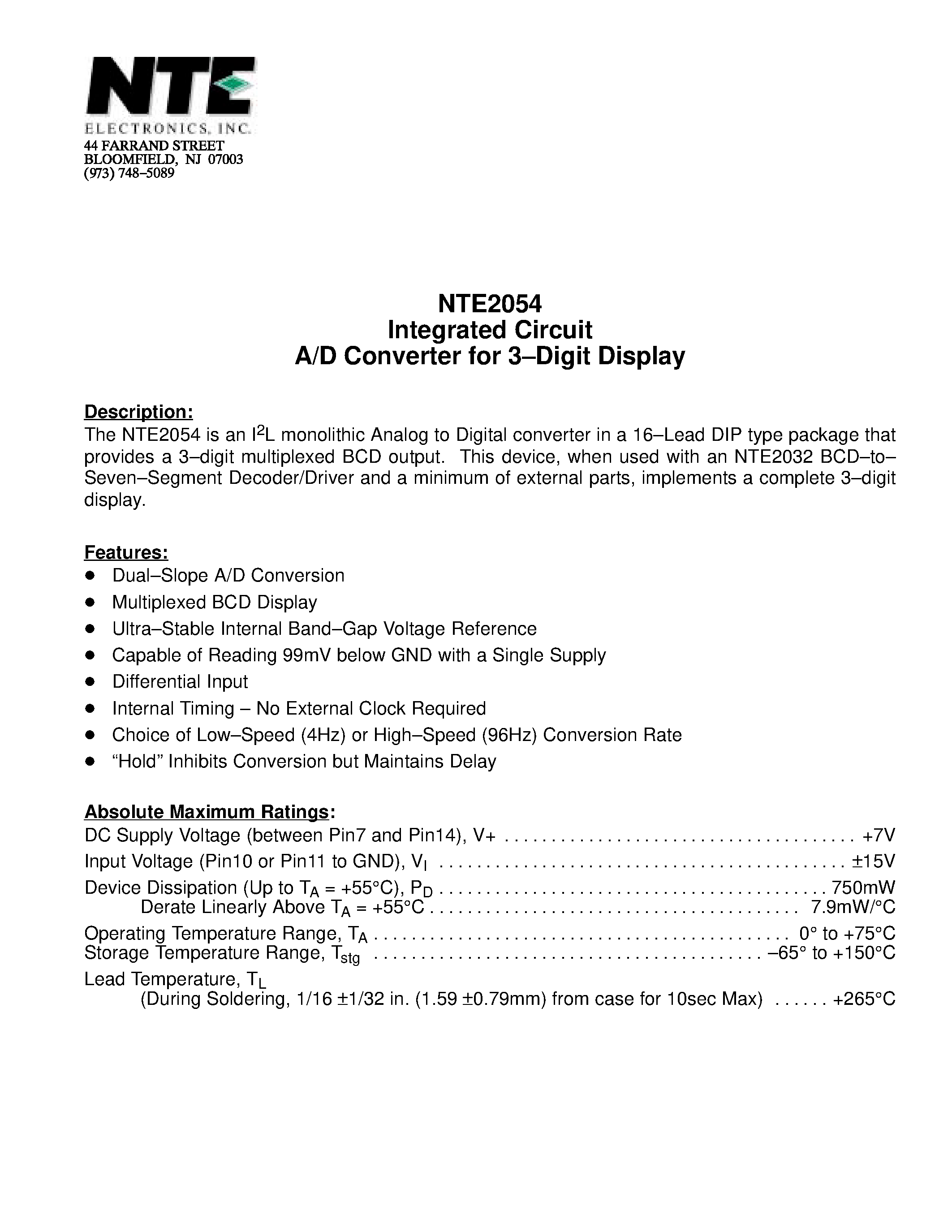 Даташит NTE2054 - Integrated Circuit A/D Converter for 3-Digit Display страница 1