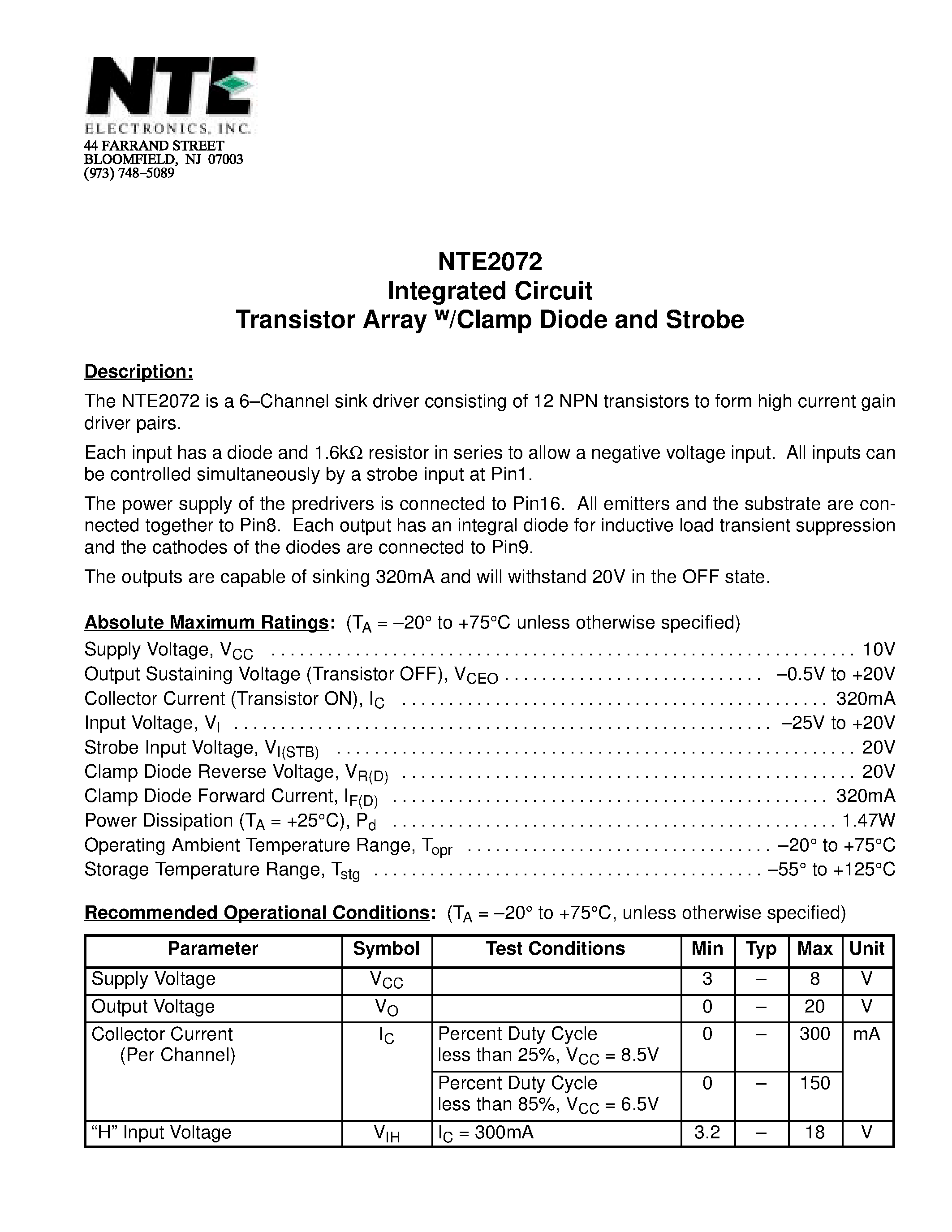 Даташит NTE2072 - Integrated Circuit Transistor Array w/Clamp Diode and Strobe страница 1
