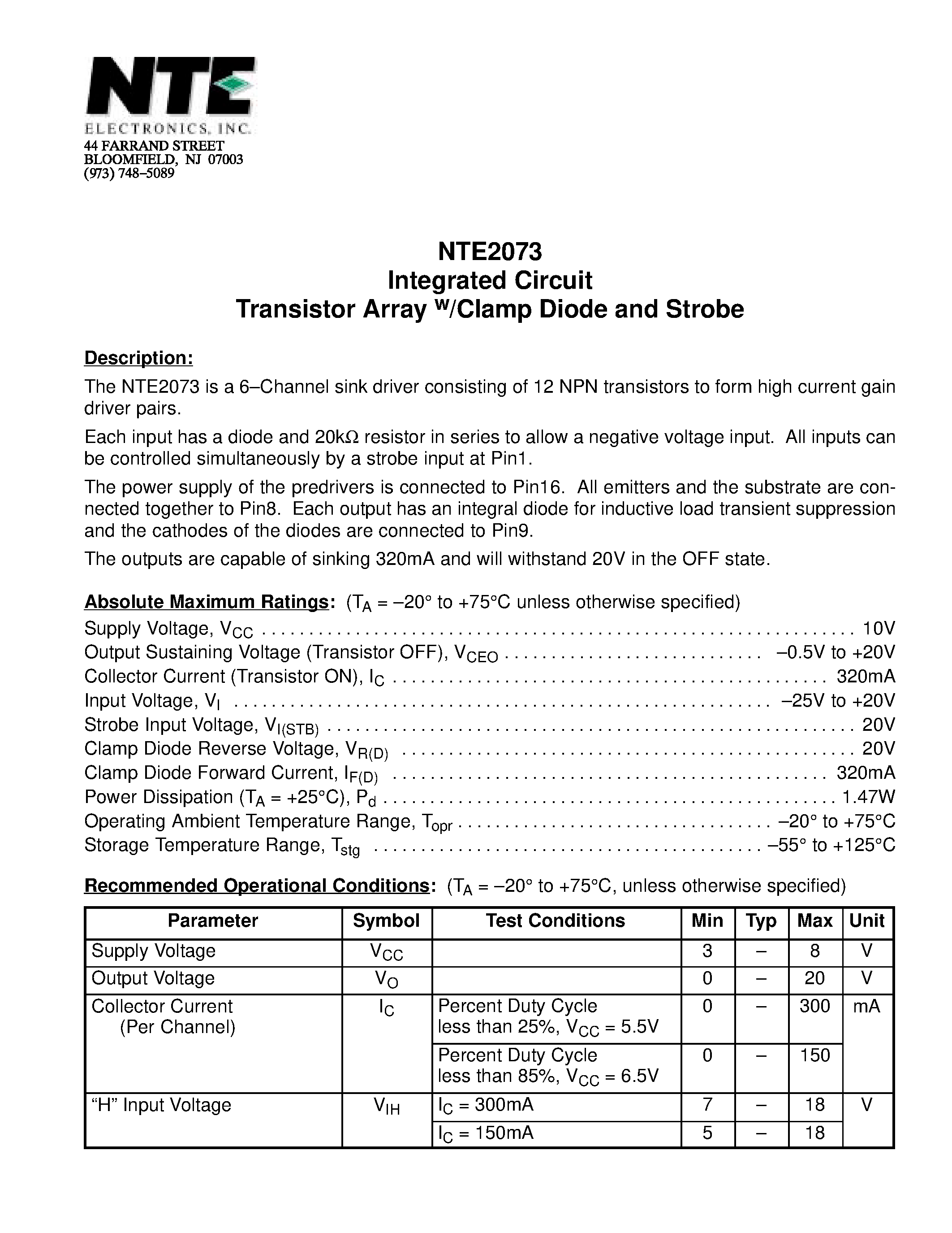 Даташит NTE2073 - Integrated Circuit Transistor Array w/Clamp Diode and Strobe страница 1