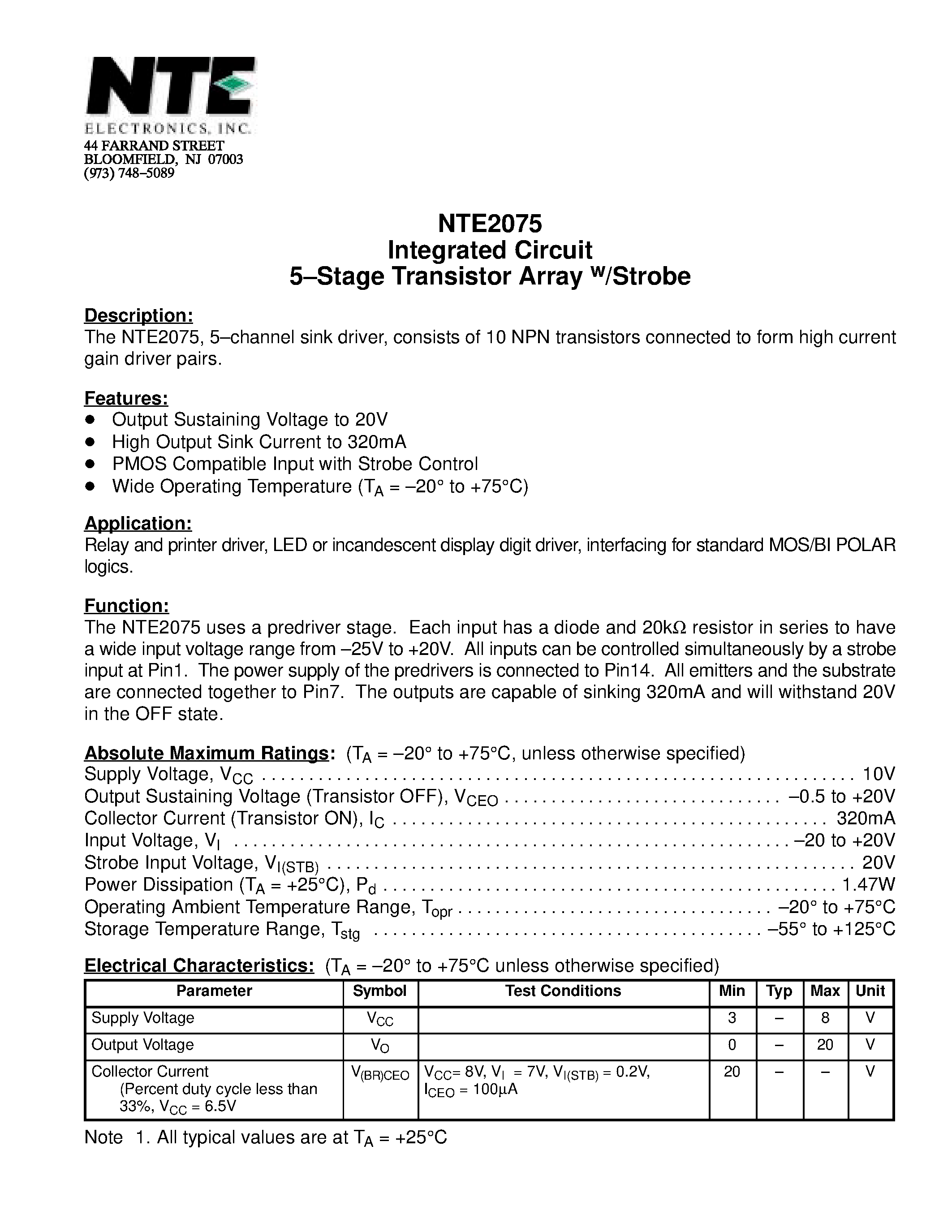 Даташит NTE2075 - Integrated Circuit 5-Stage Transistor Array w/Strobe страница 1