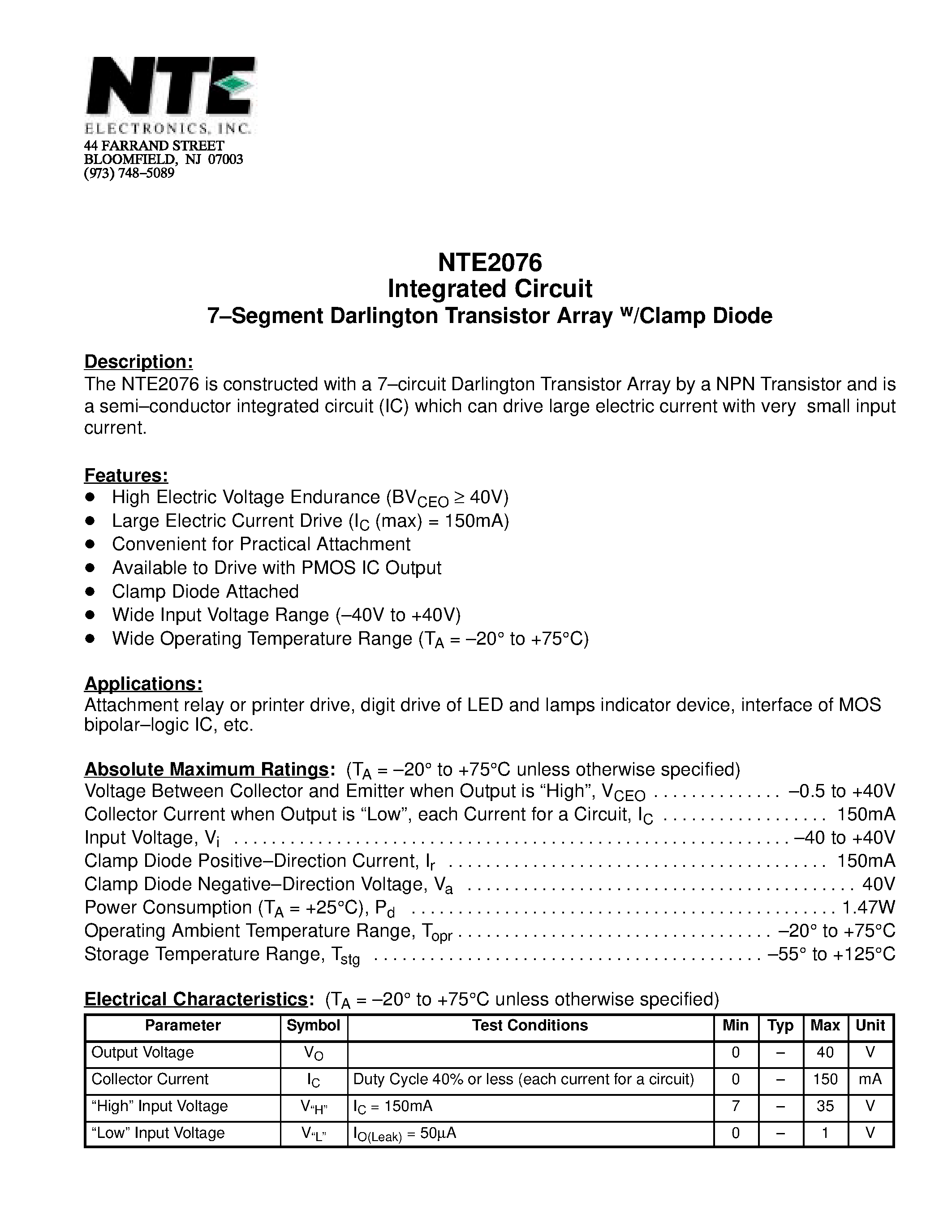 Даташит NTE2076 - Integrated Circuit 7-Segment Darlington Transistor Array w/Clamp Diode страница 1