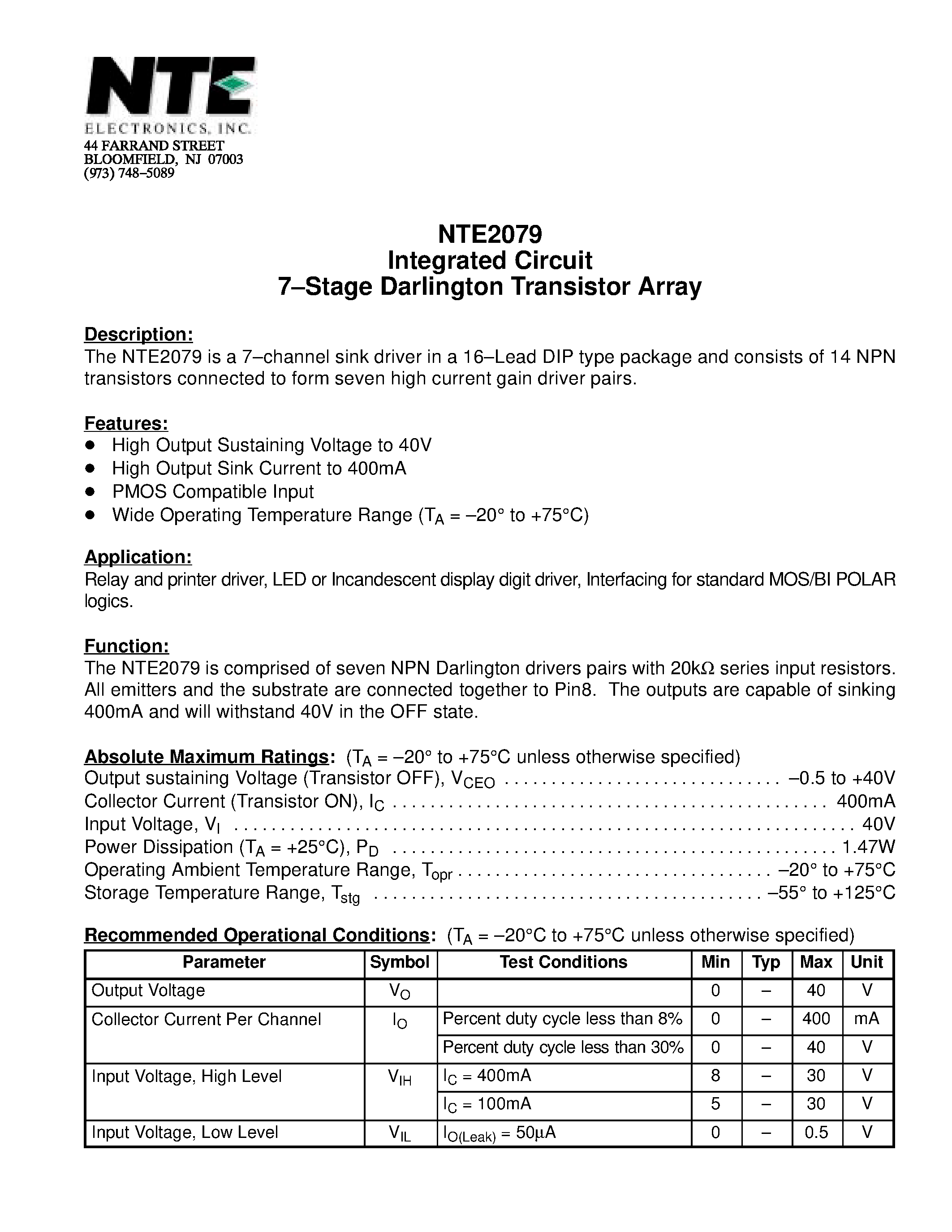 Даташит NTE2079 - Integrated Circuit 7-Stage Darlington Transistor Array страница 1