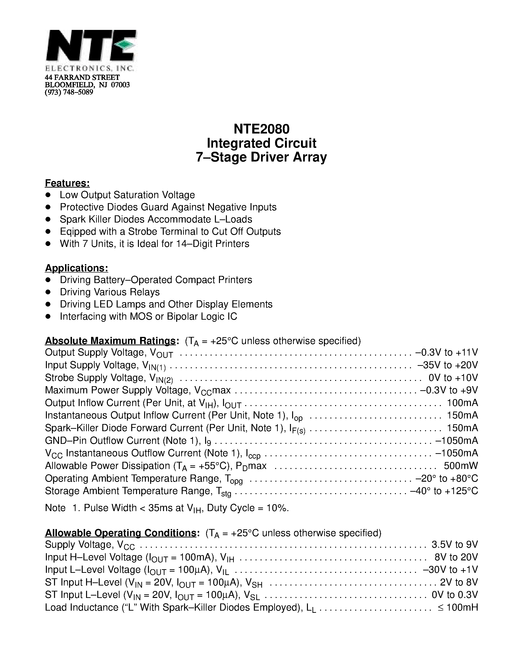 Даташит NTE2080 - Integrated Circuit 7-Stage Driver Array страница 1