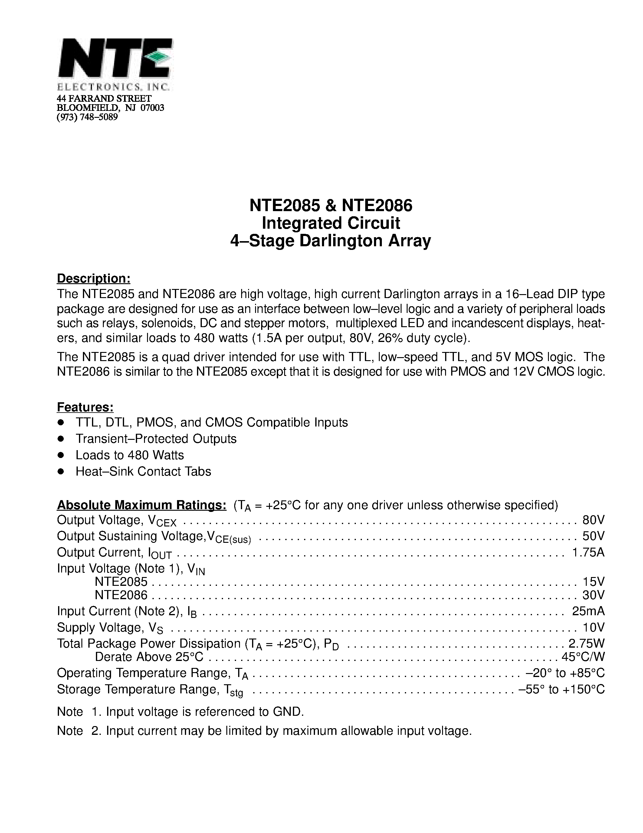 Datasheet NTE2085 - Integrated Circuit 4-Stage Darlington Array page 1