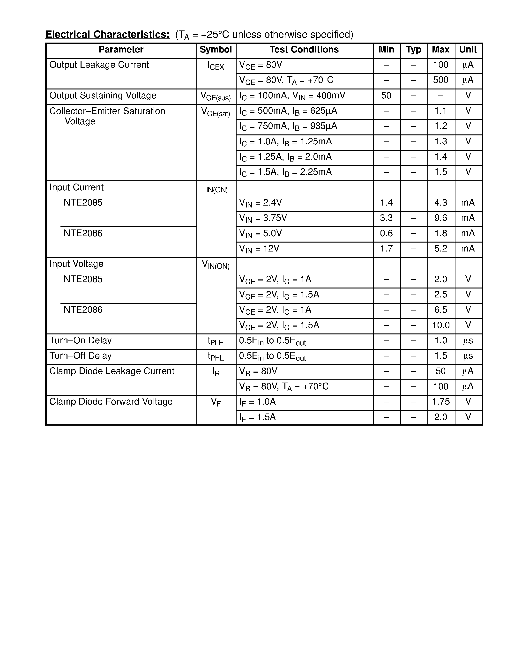 Datasheet NTE2085 - Integrated Circuit 4-Stage Darlington Array page 2