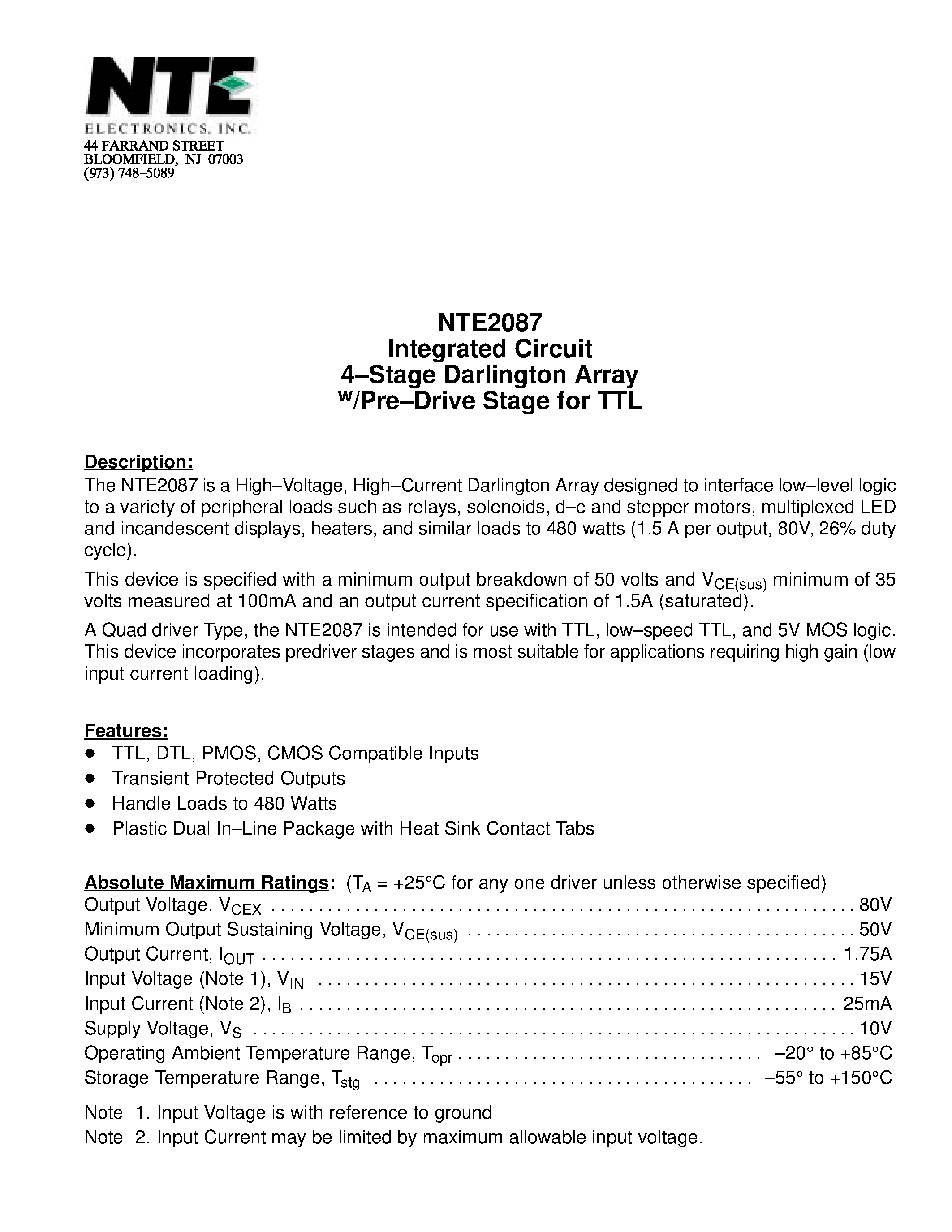 Даташит NTE2087 - Integrated Circuit 4-Stage Darlington Array w/Pre-Drive Stage for TTL страница 1