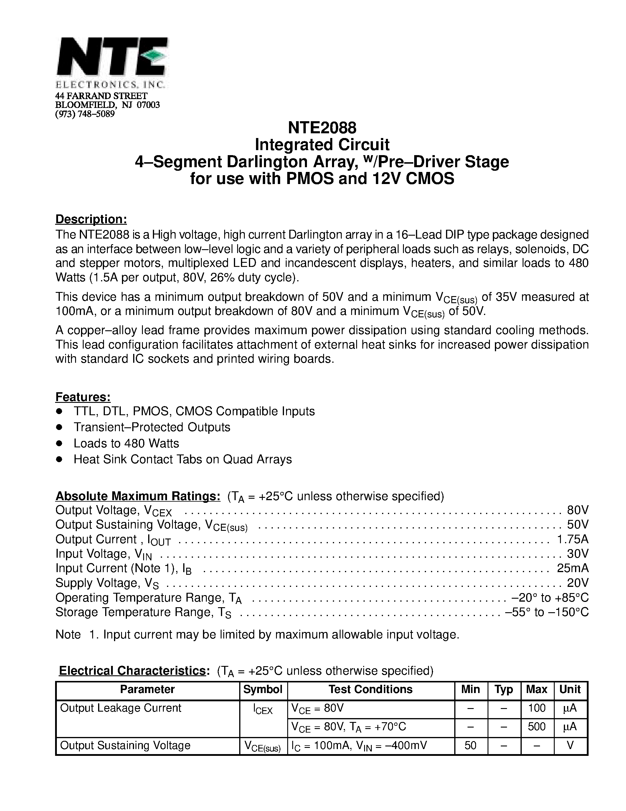Даташит NTE2088 - Integrated Circuit 4-Segment Darlington Array / w/Pre-Driver Stage for use with PMOS and 12V CMOS страница 1