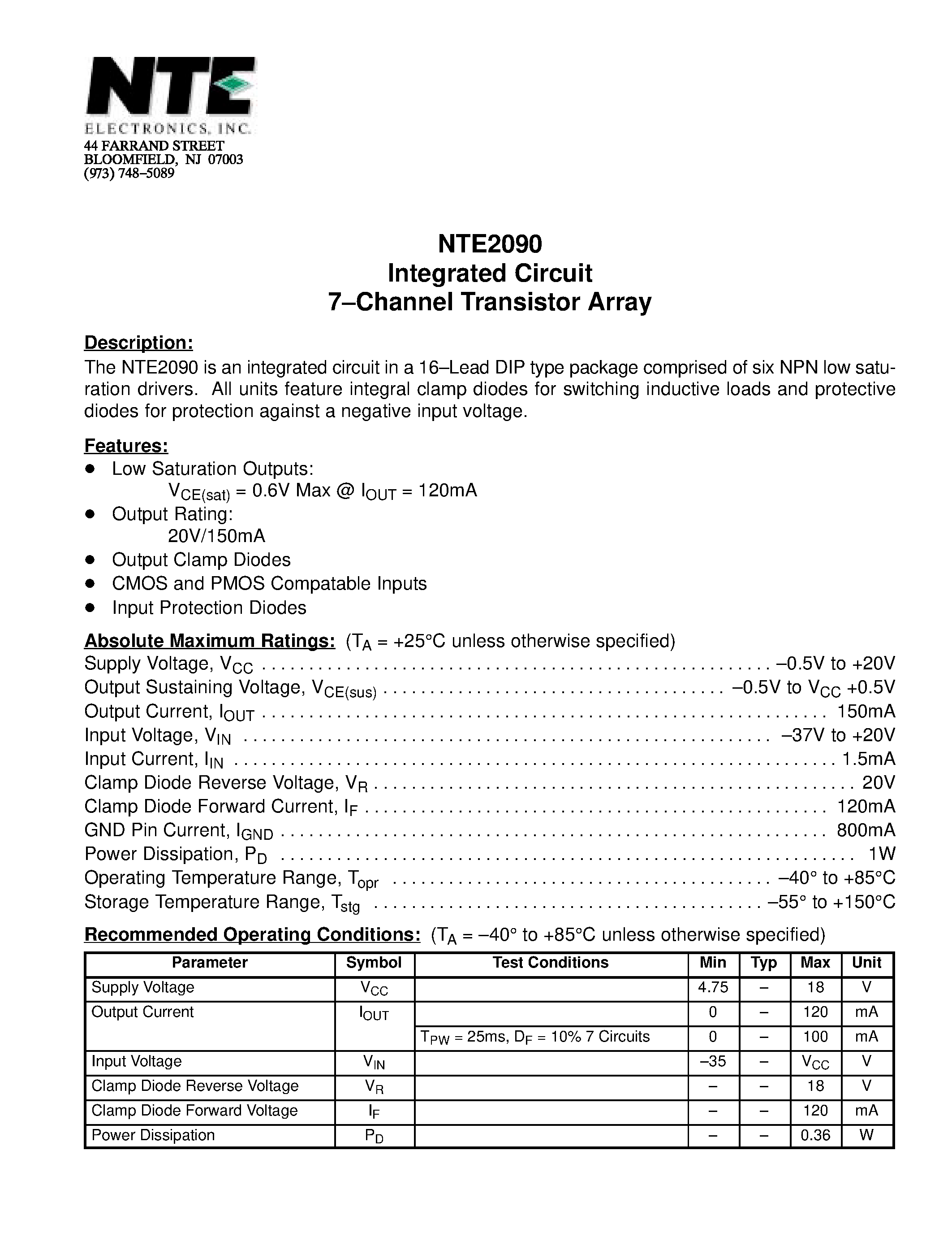 Даташит NTE2090 - Integrated Circuit 7-Channel Transistor Array страница 1
