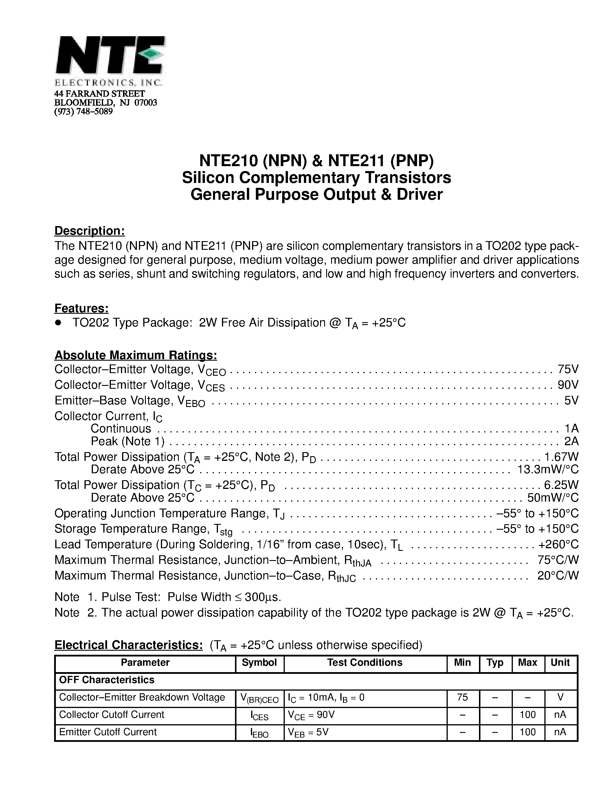 Datasheet NTE210 - Silicon Complementary Transistors General Purpose Output & Driver page 1