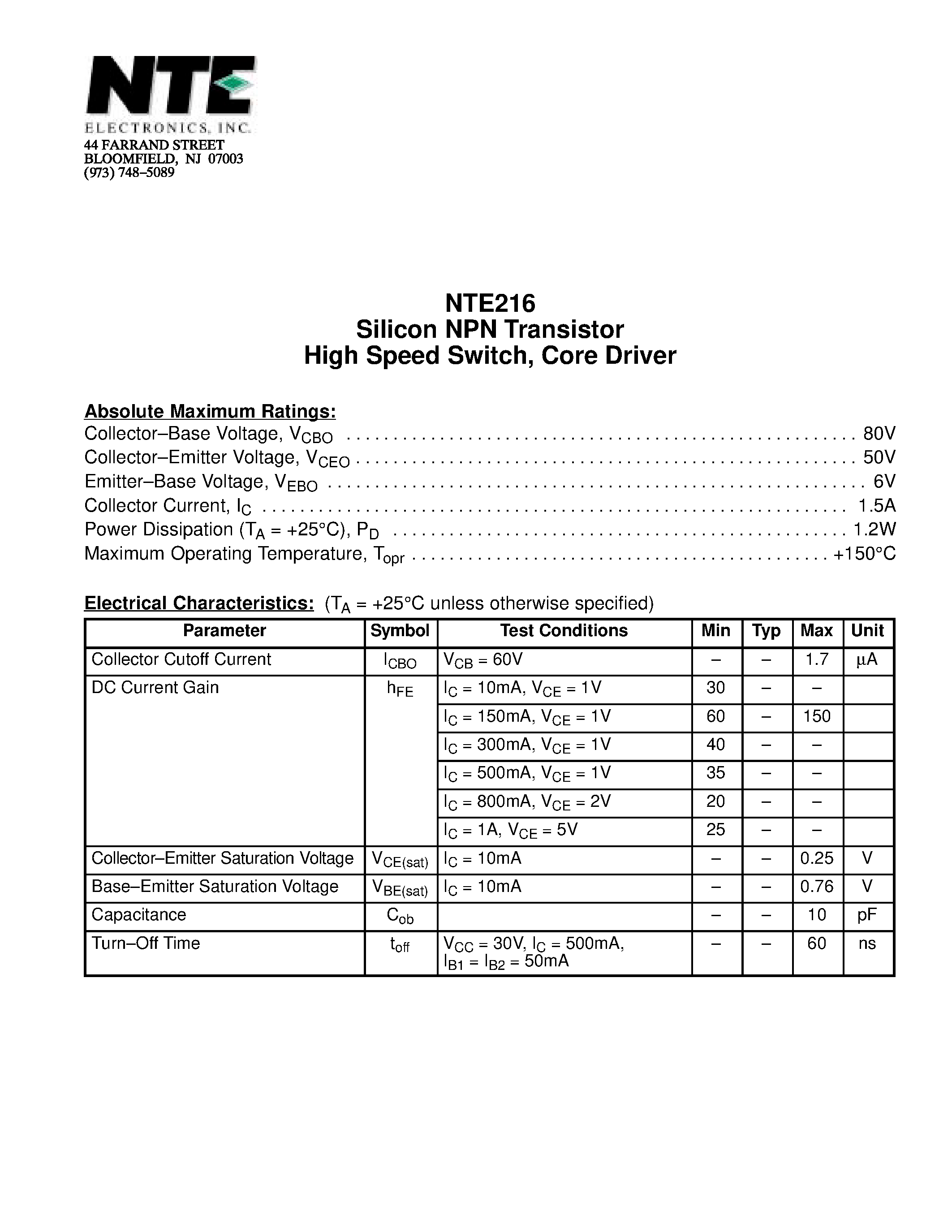 Datasheet NTE216 page 1 Datasheet NTE216 - Silicon NPN Transistor High Speed Switch / Core Driver page 1