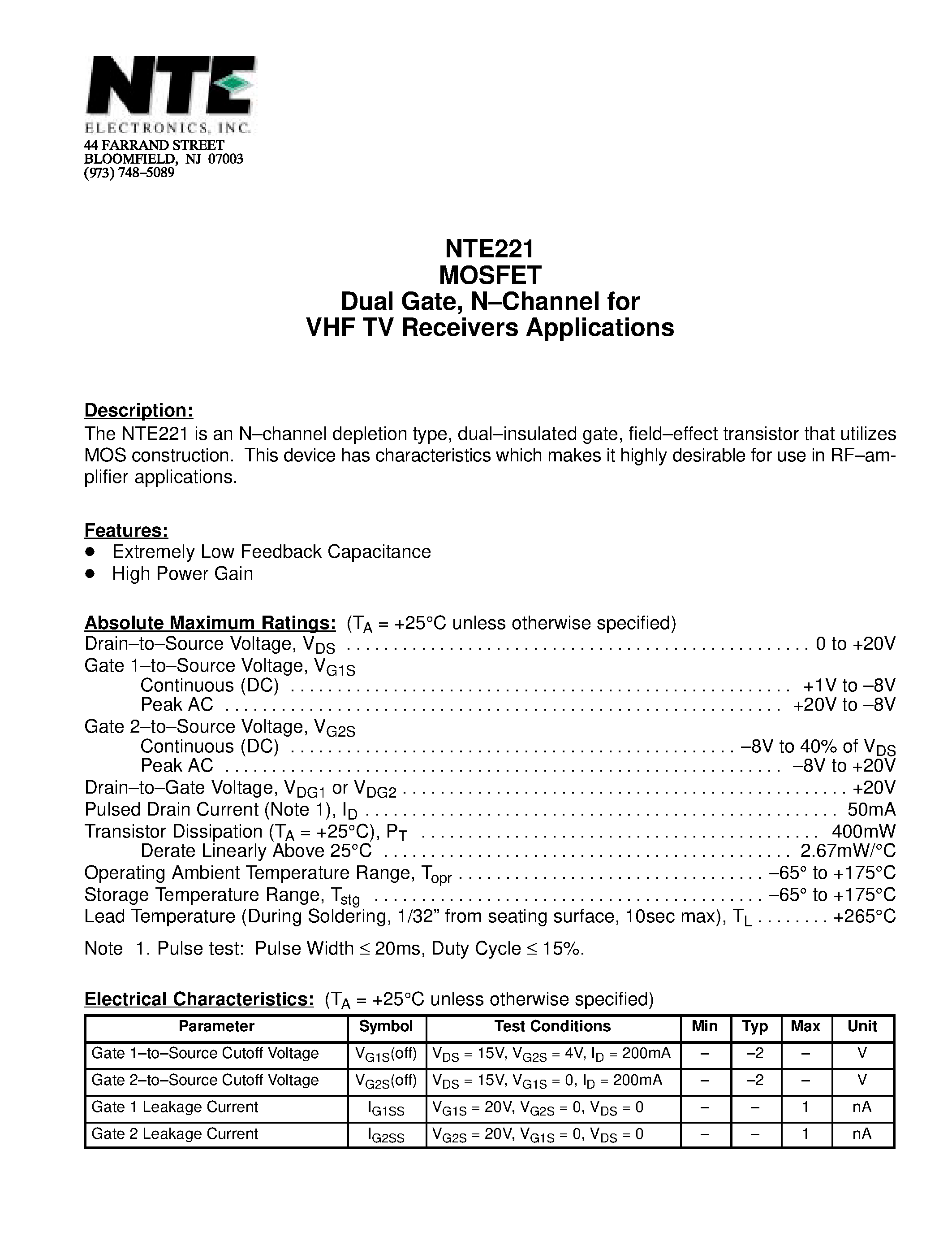 Datasheet NTE221 - MOSFET Dual Gate / N-Channel for VHF TV Receivers Applications page 1