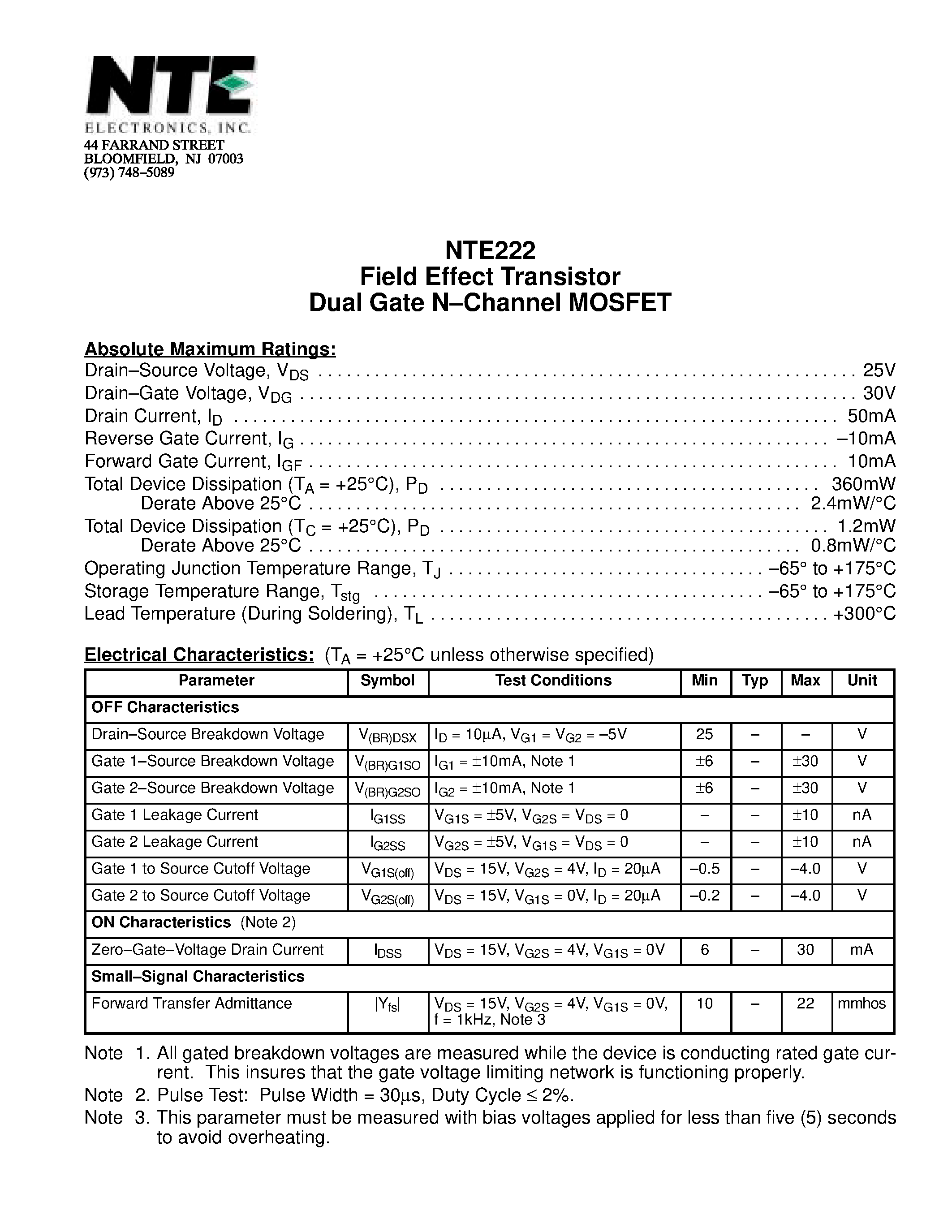 Datasheet NTE222 - Field Effect Transistor Dual Gate N-Channel MOSFET page 1