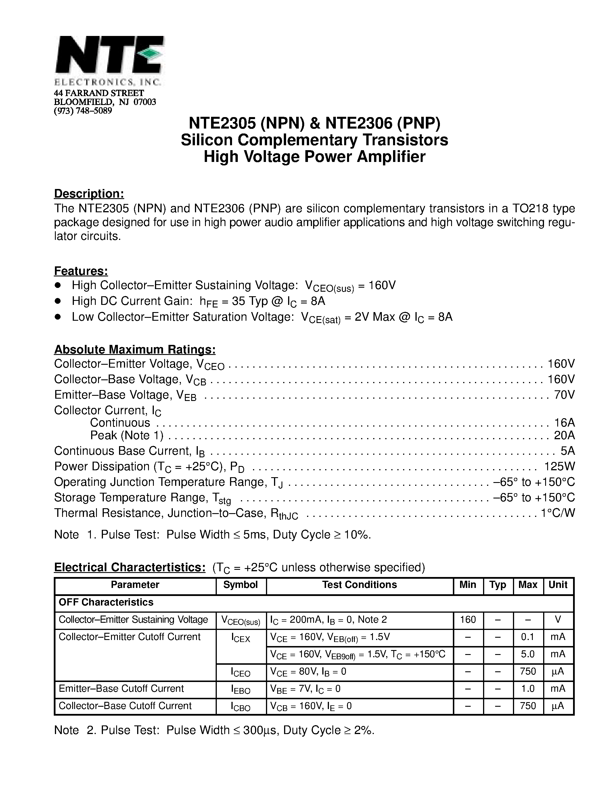 Datasheet NTE2305 - Silicon Complementary Transistors High Voltage Power Amplifier page 1
