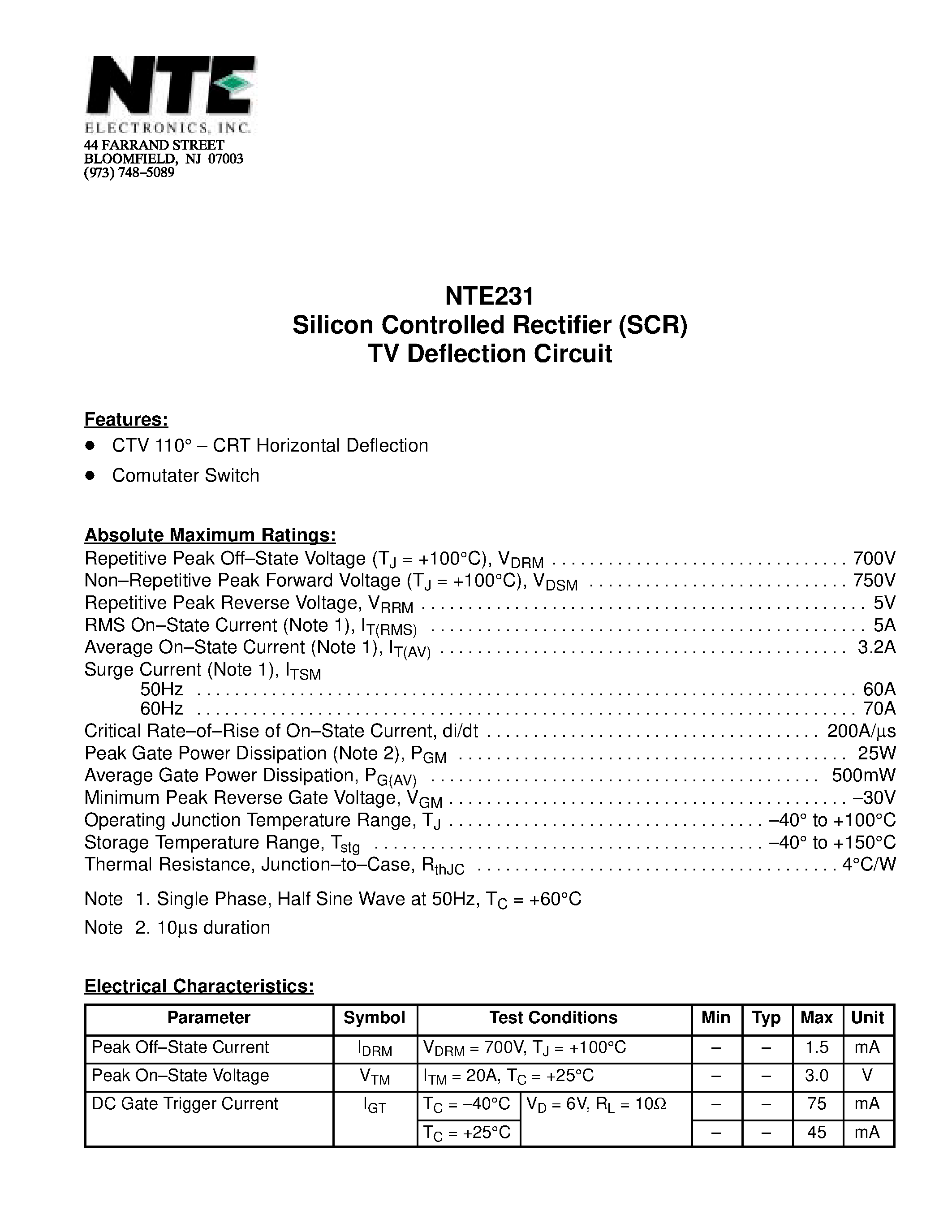 Даташит NTE231 - Silicon Controlled Rectifier (SCR) TV Deflection Circuit страница 1