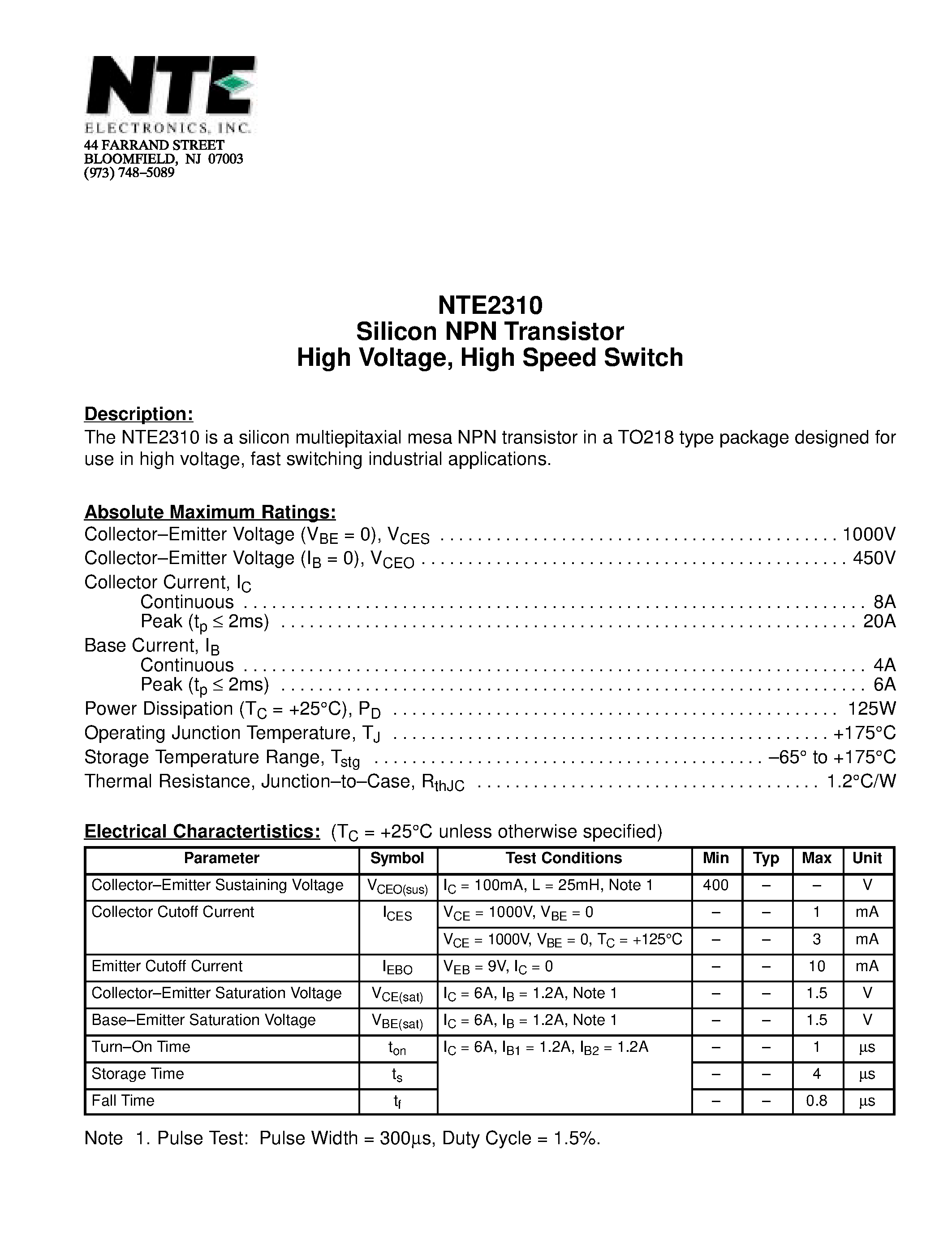 Datasheet NTE2310 - Silicon NPN Transistor High Voltage / High Speed Switch page 1