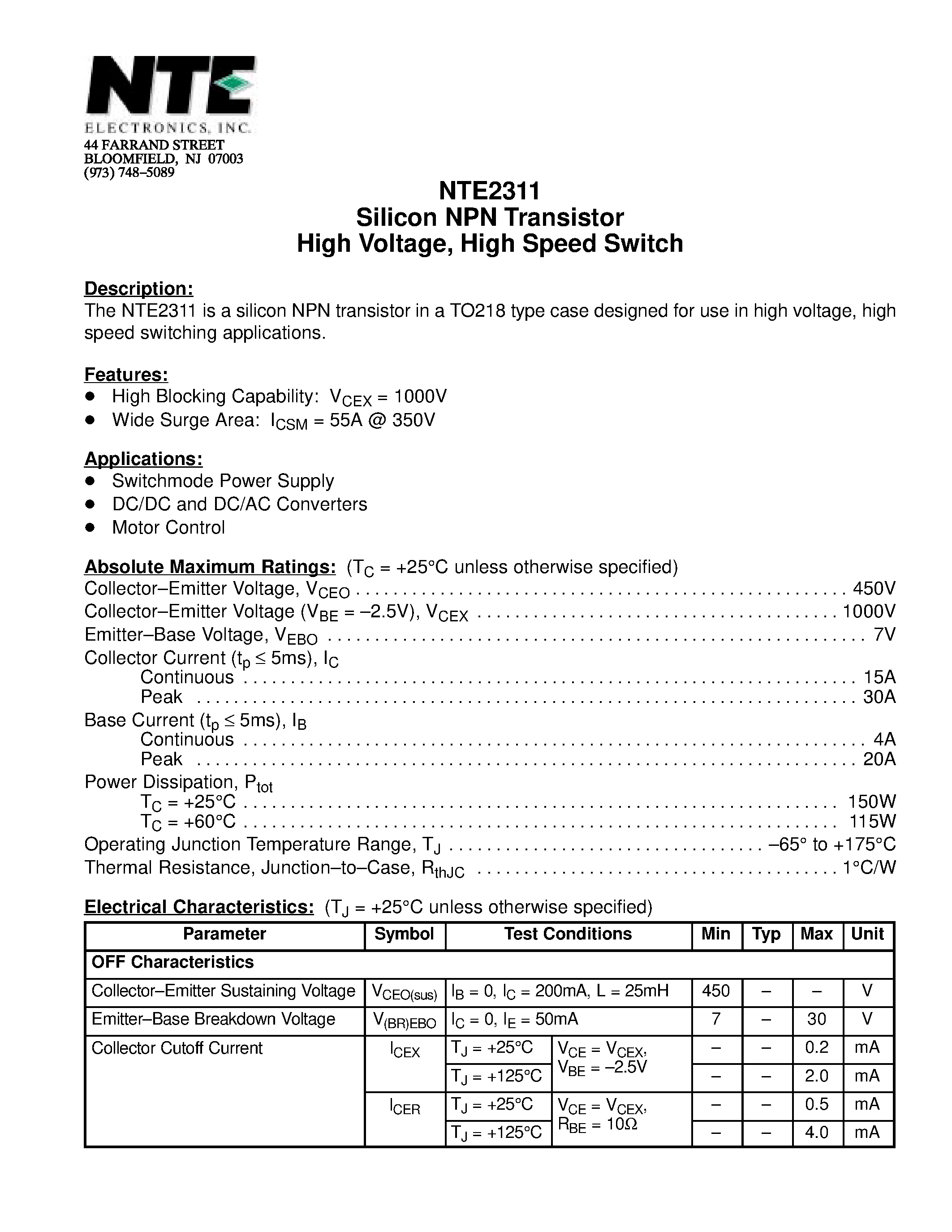 Datasheet NTE2311 - Silicon NPN Transistor High Voltage / High Speed Switch page 1