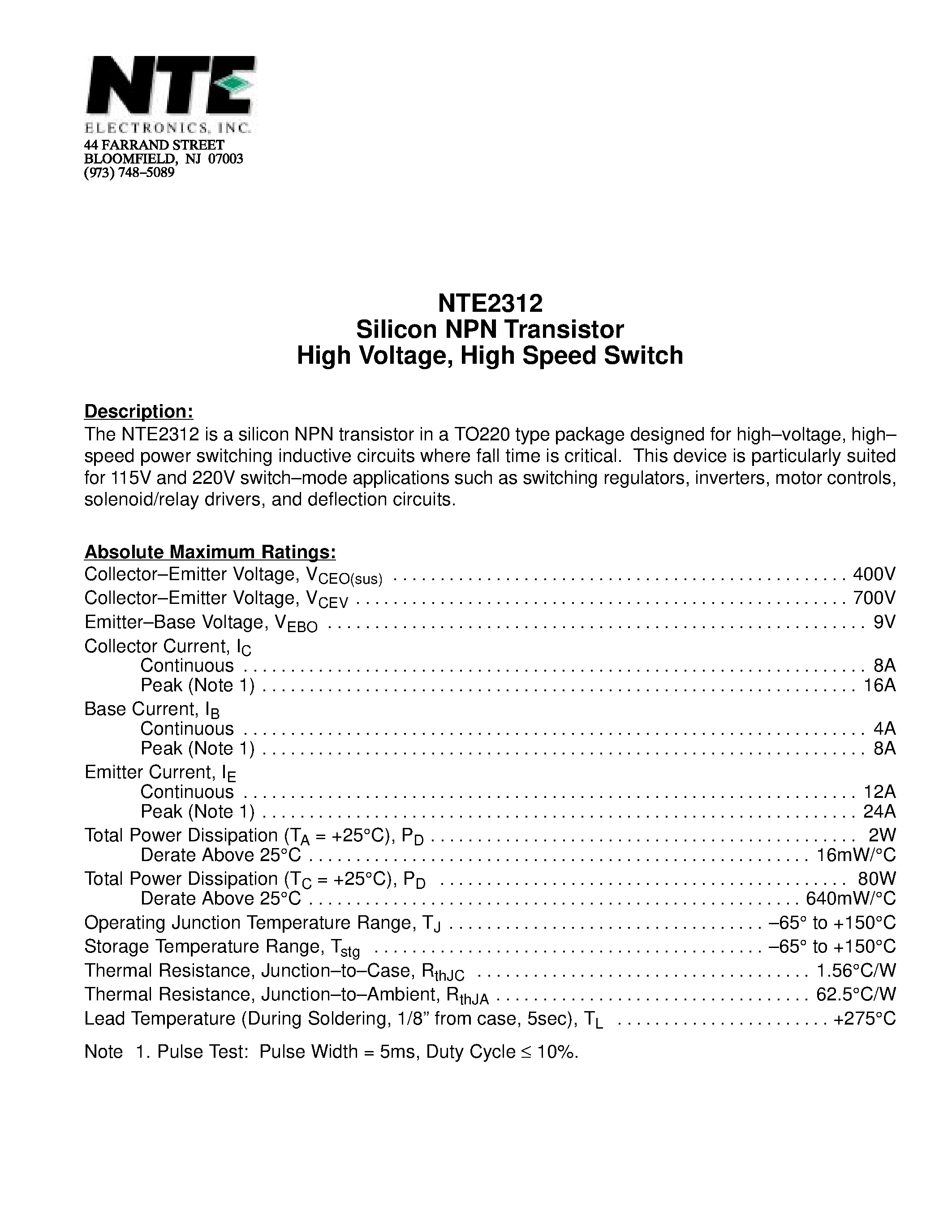 Datasheet NTE2312 - Silicon NPN Transistor High Voltage / High Speed Switch page 1