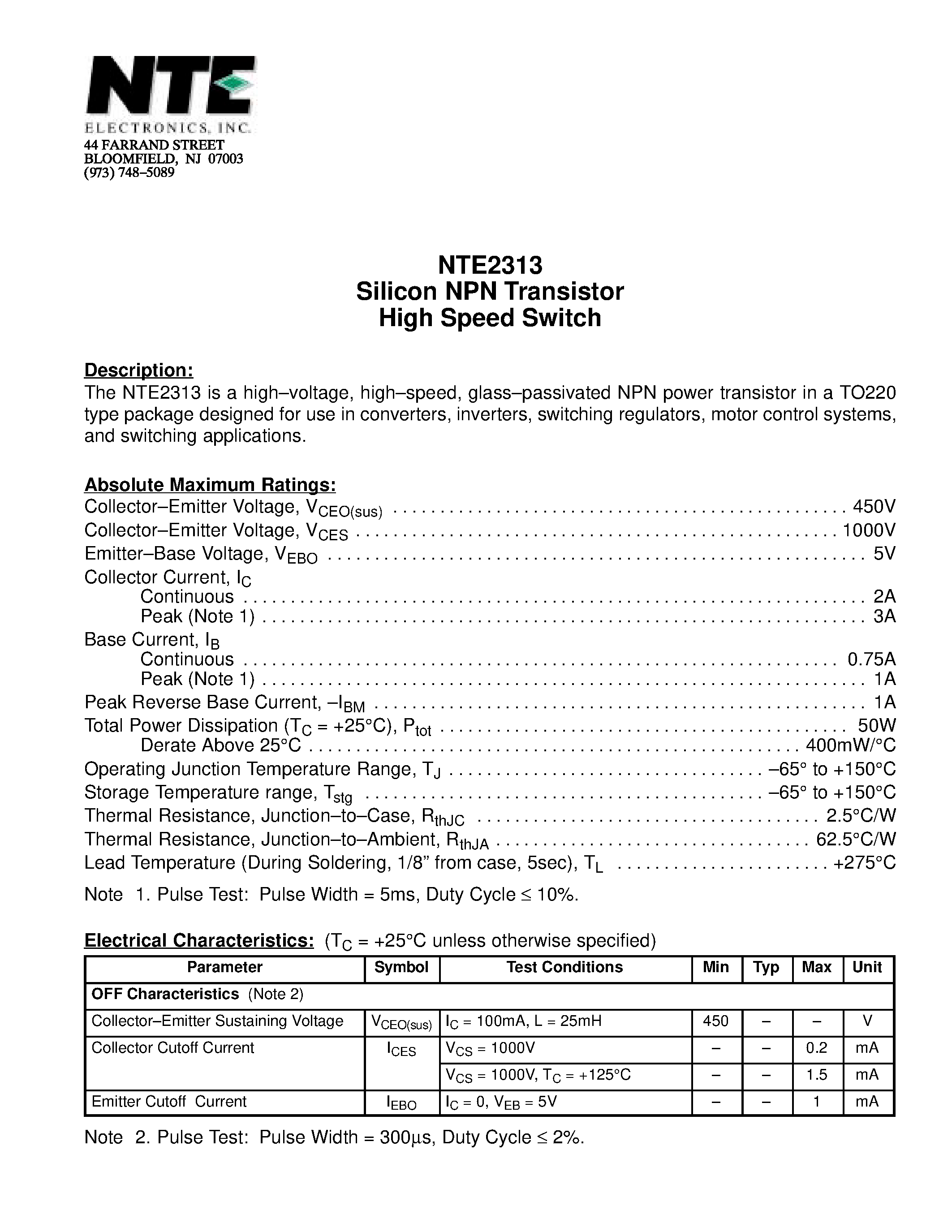 Datasheet NTE2313 page 1 Datasheet NTE2313 - Silicon NPN Transistor High Speed Switch page 1