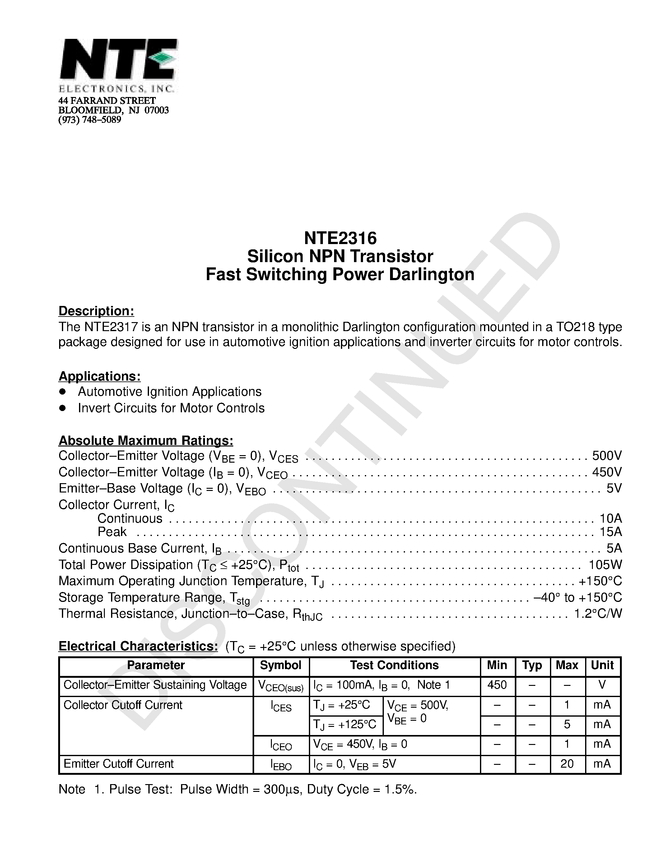Datasheet NTE2316 page 1 Datasheet NTE2316 - Silicon NPN Transistor Fast Switching Power Darlington page 1