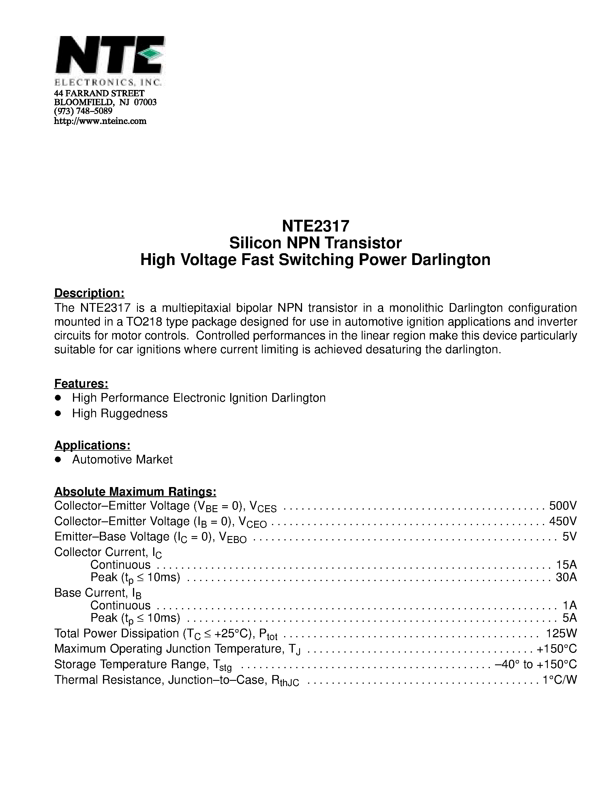 Datasheet NTE2317 page 1 Datasheet NTE2317 - Silicon NPN Transistor High Voltage Fast Switching Power Darlington page 1