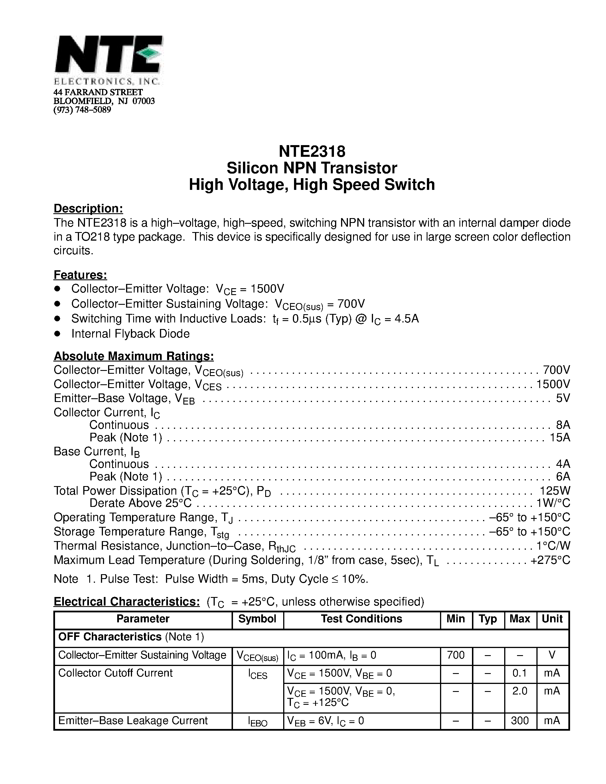 Datasheet NTE2318 page 1 Datasheet NTE2318 - Silicon NPN Transistor High Voltage / High Speed Switch page 1