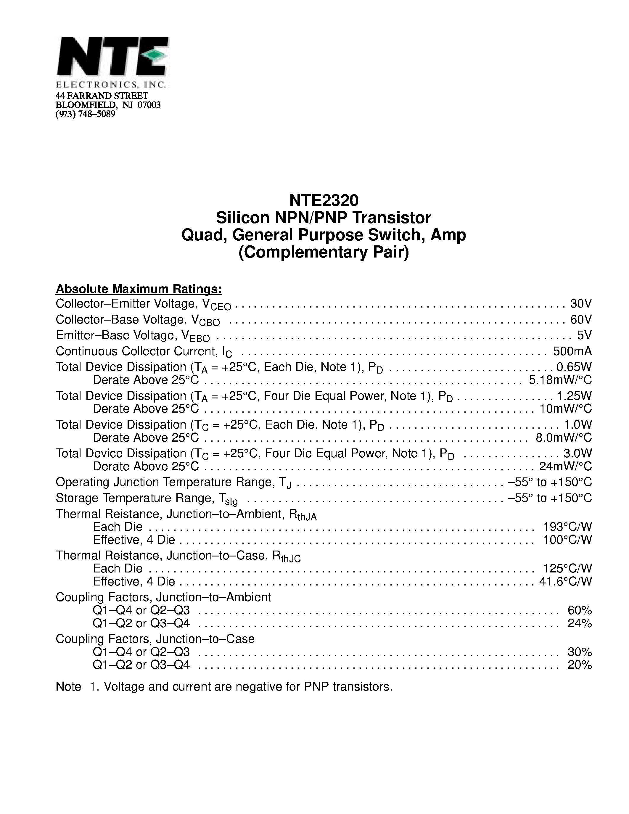 Datasheet NTE2320 page 1 Datasheet NTE2320 - Silicon NPN/PNP Transistor Quad / General Purpose Switch / Amp (Complementary Pair) page 1
