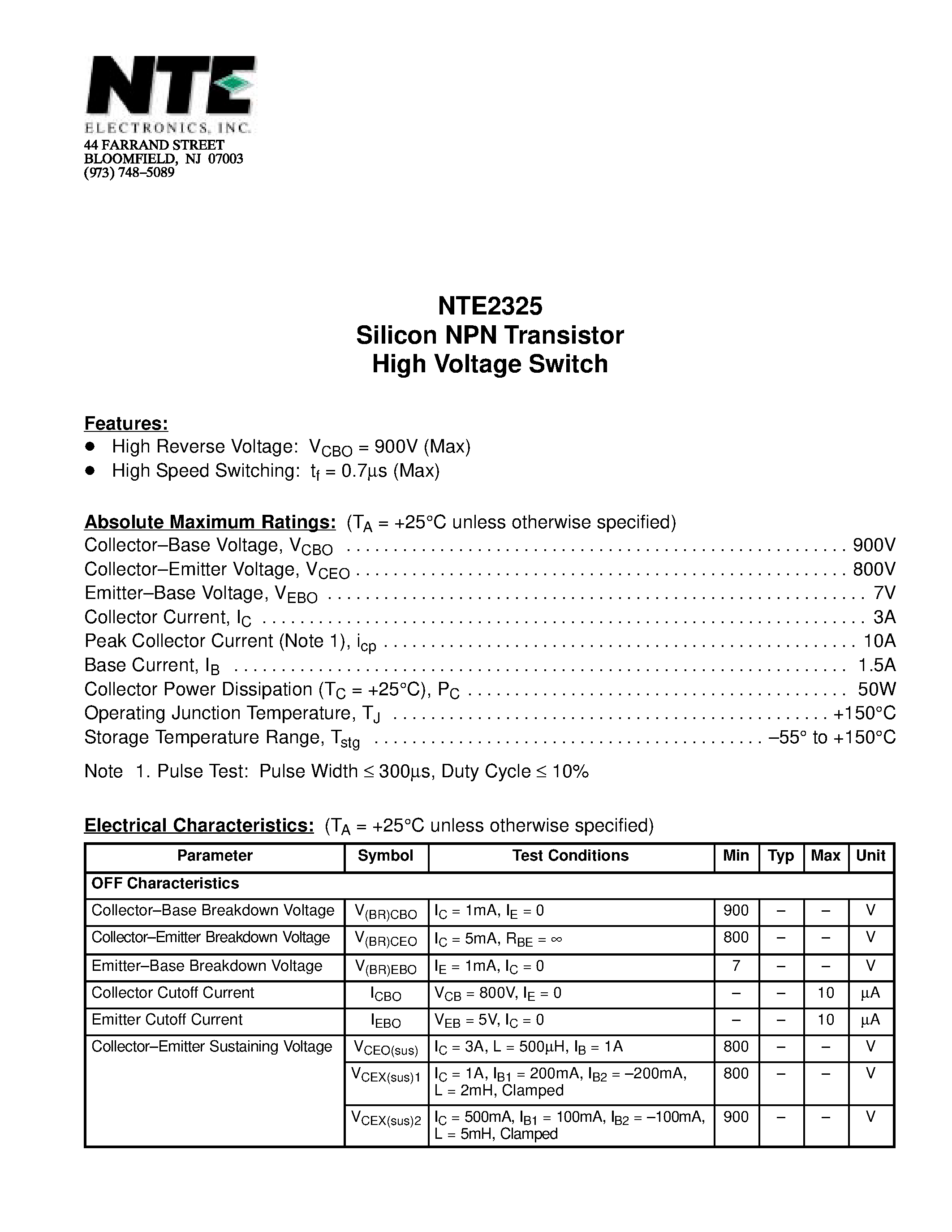 Datasheet NTE2325 page 1 Datasheet NTE2325 - Silicon NPN Transistor High Voltage Switch page 1