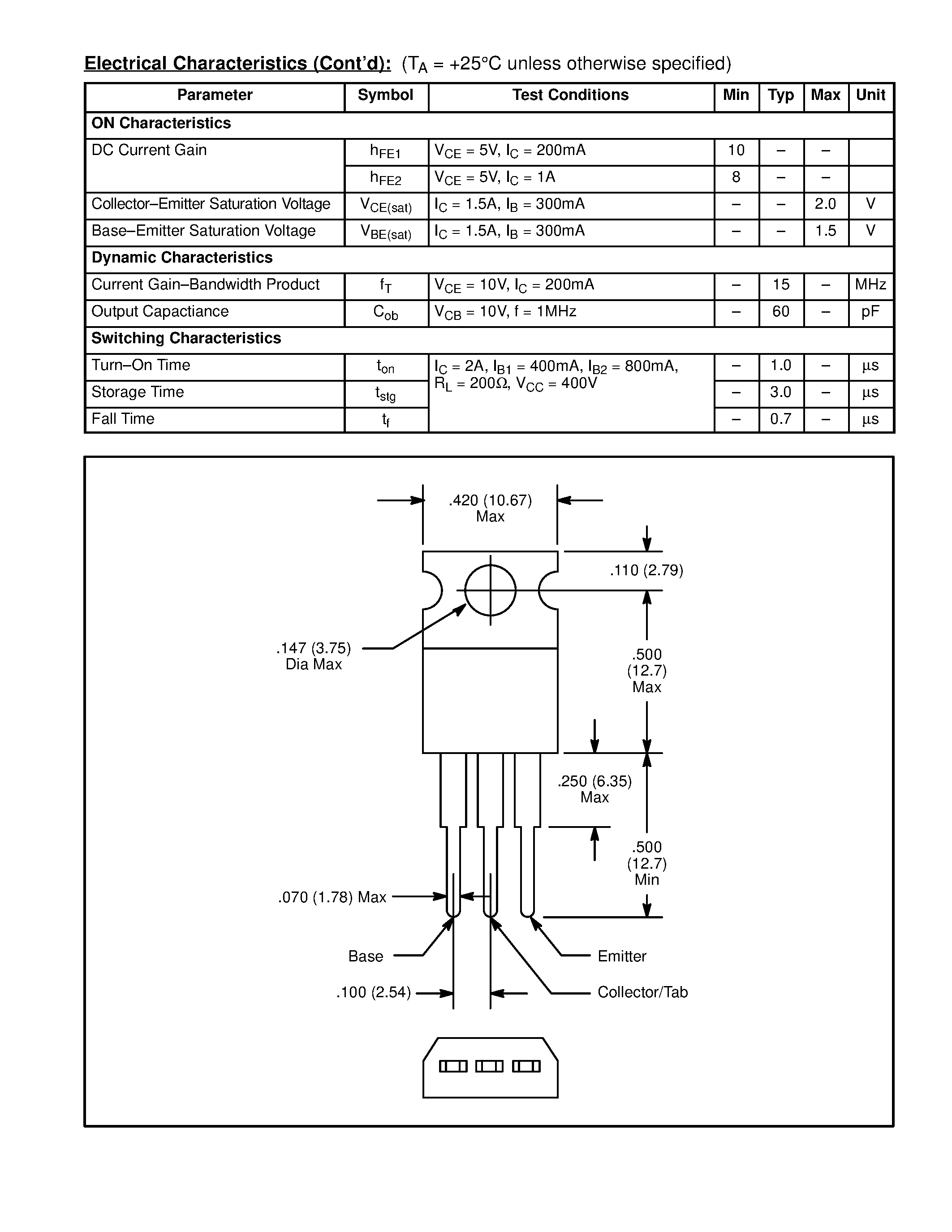 Datasheet NTE2325 page 2 Datasheet NTE2325 - Silicon NPN Transistor High Voltage Switch page 2