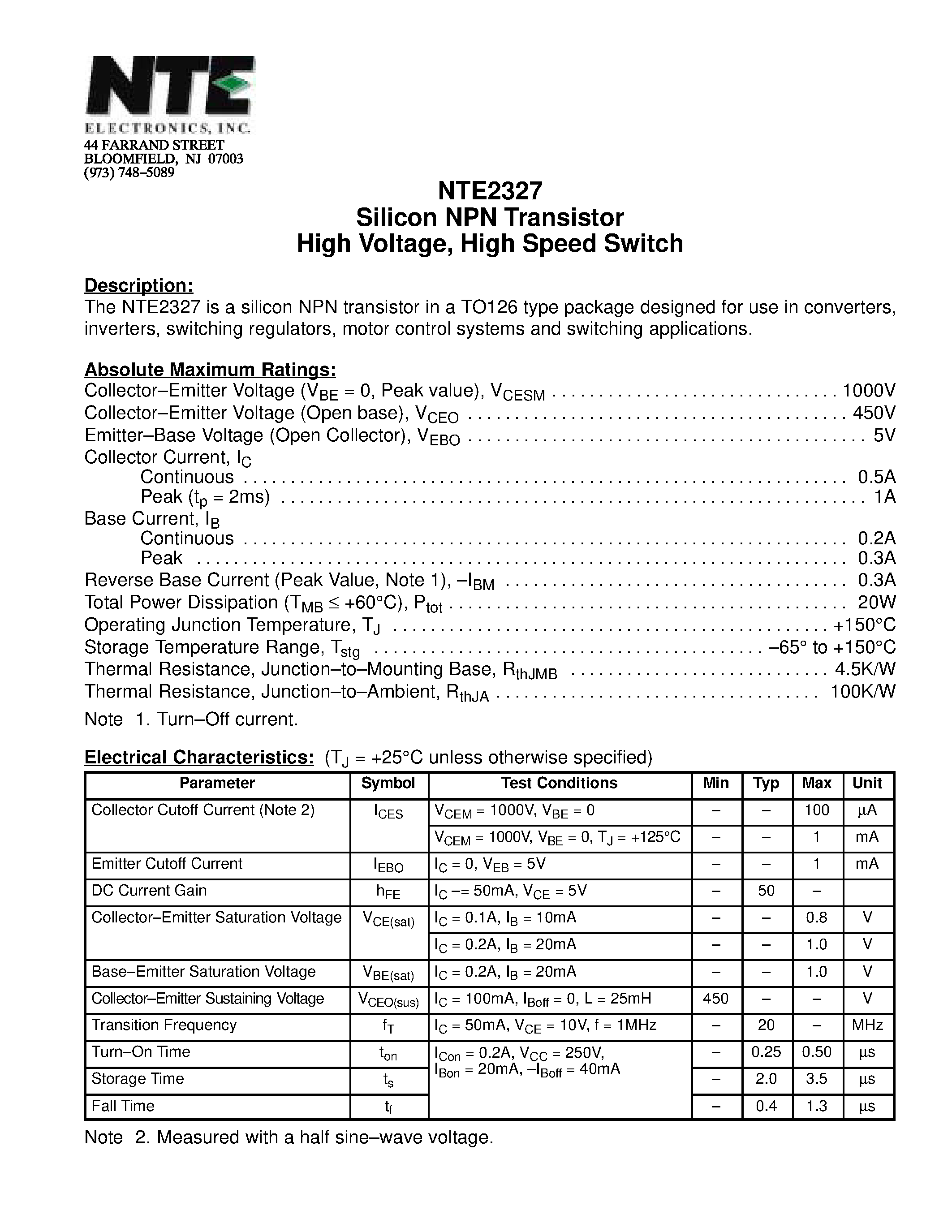 Datasheet NTE2327 page 1 Datasheet NTE2327 - Silicon NPN Transistor High Voltage / High Speed Switch page 1