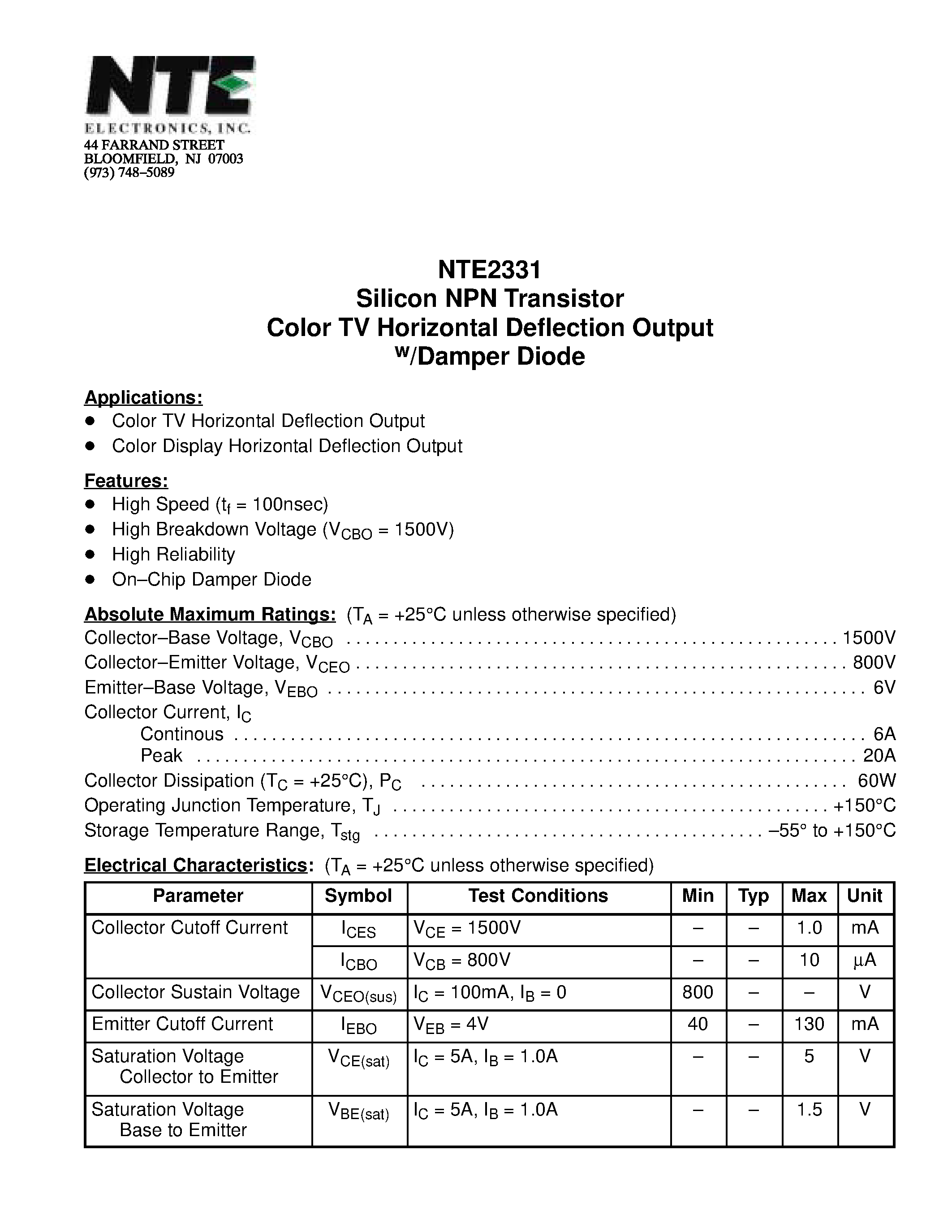 Даташит NTE2331 - Silicon NPN Transistor Color TV Horizontal Deflection Output w/Damper Diode страница 1