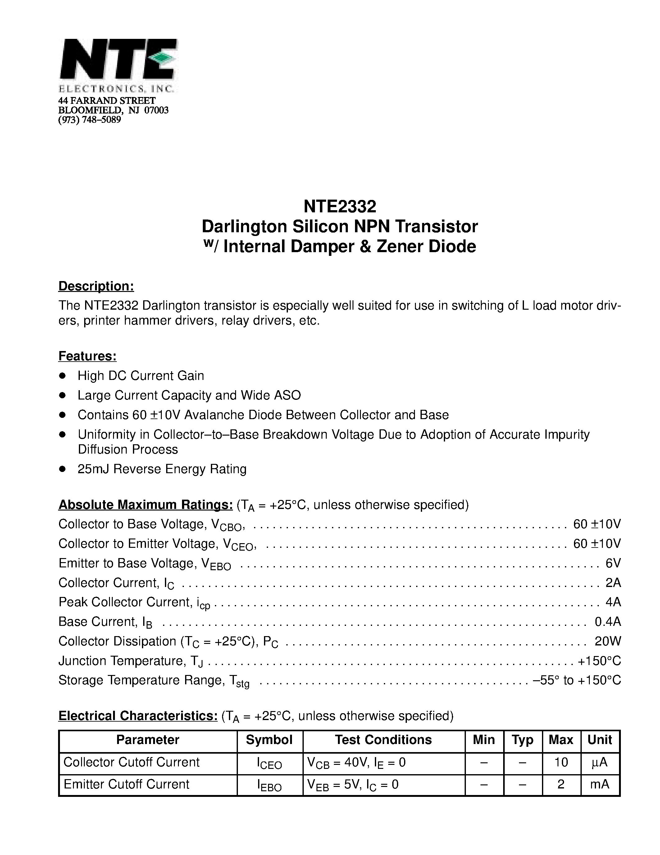 Даташит NTE2332 - Darlington Silicon NPN Transistor w/ Internal Damper & Zener Diode страница 1