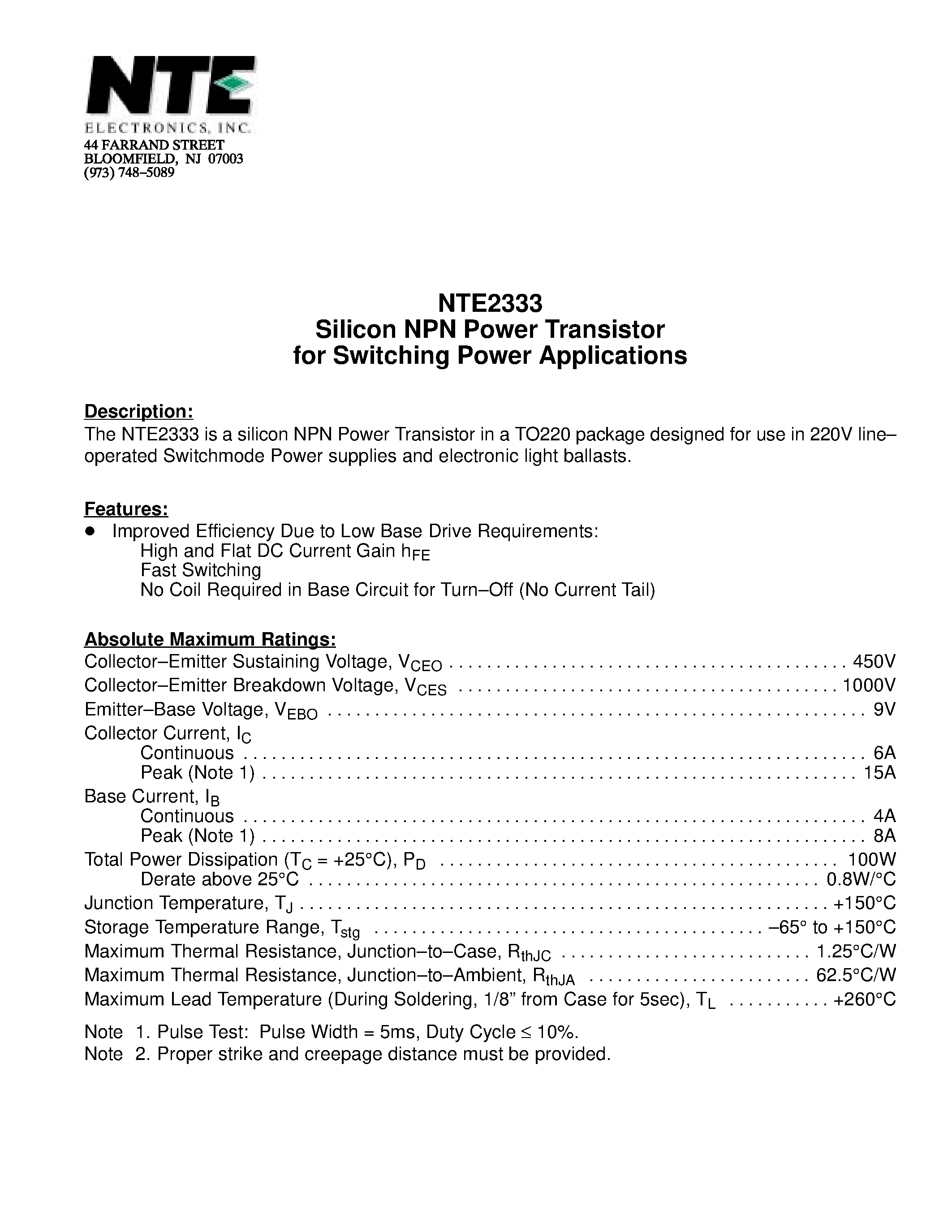 Datasheet NTE2333 page 1 Datasheet NTE2333 - Silicon NPN Power Transistor for Switching Power Applications page 1