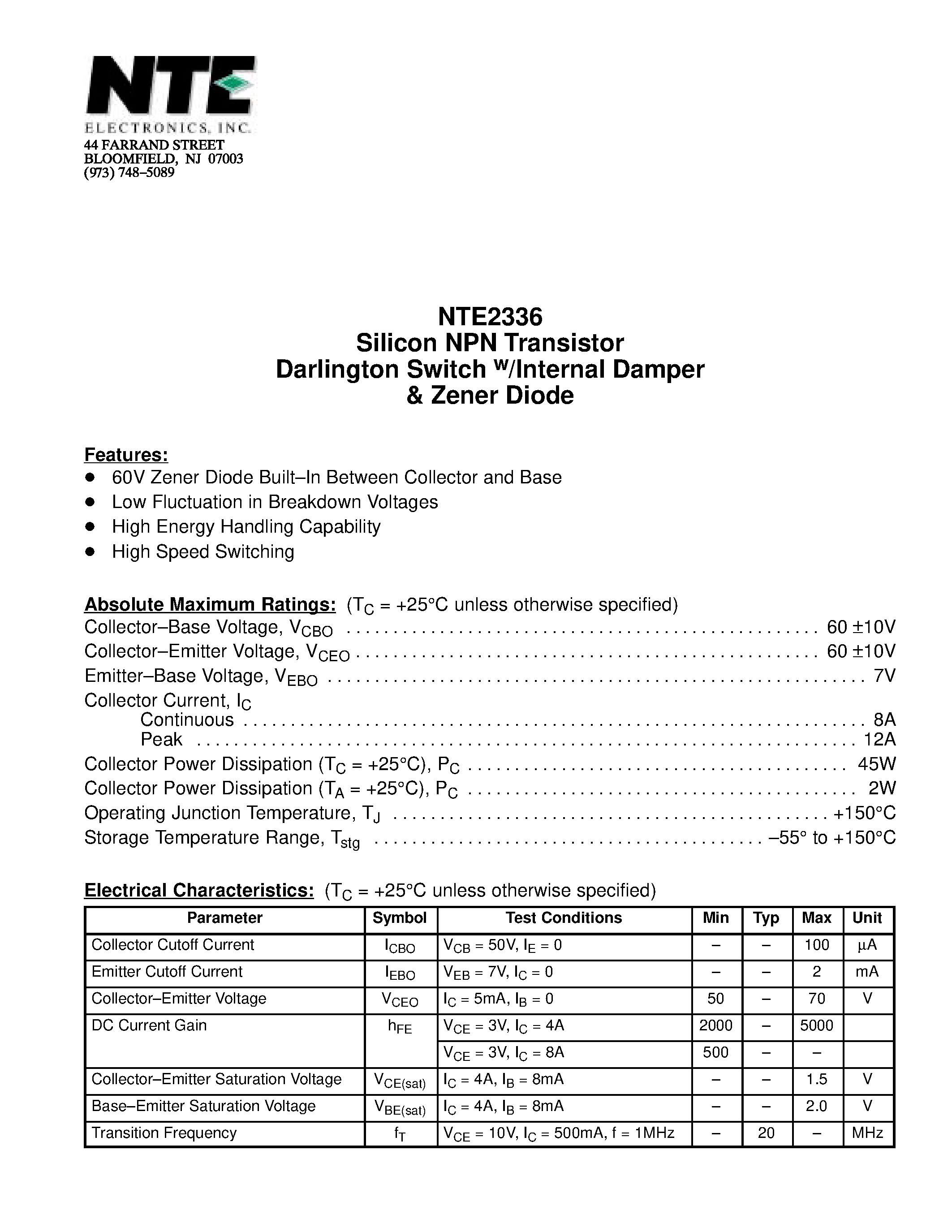 Даташит NTE2336 - Silicon NPN Transistor Darlington Switch w/Internal Damper & Zener Diode страница 1