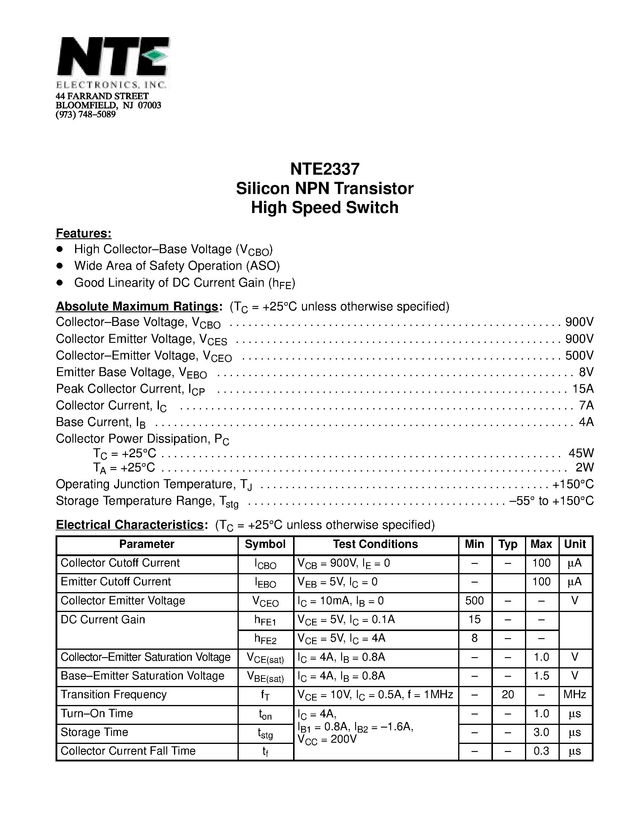 Datasheet NTE2337 page 1 Datasheet NTE2337 - Silicon NPN Transistor High Speed Switch page 1