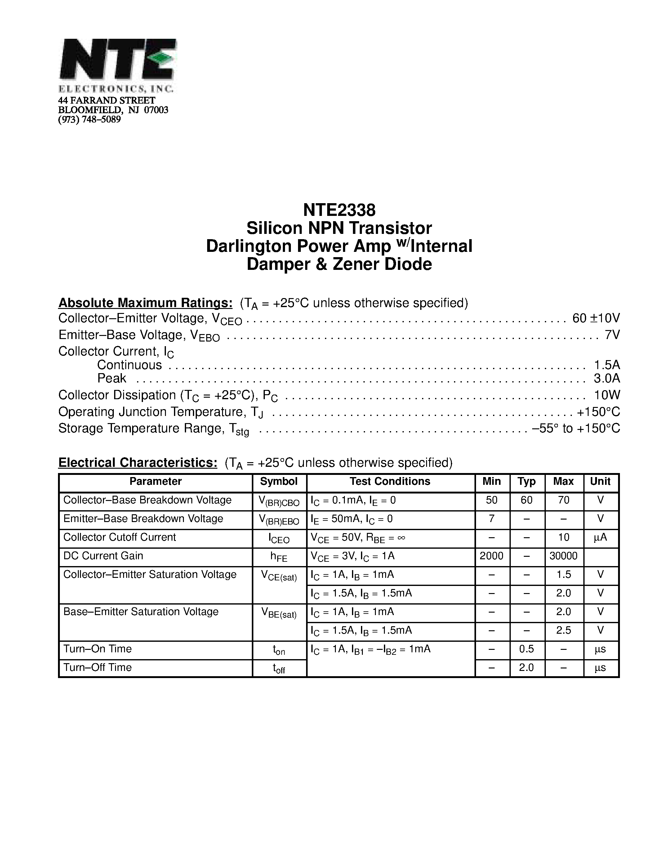 Datasheet NTE2338 - Silicon NPN Transistor Darlington Power Amp w/Internal Damper & Zener Diode page 1