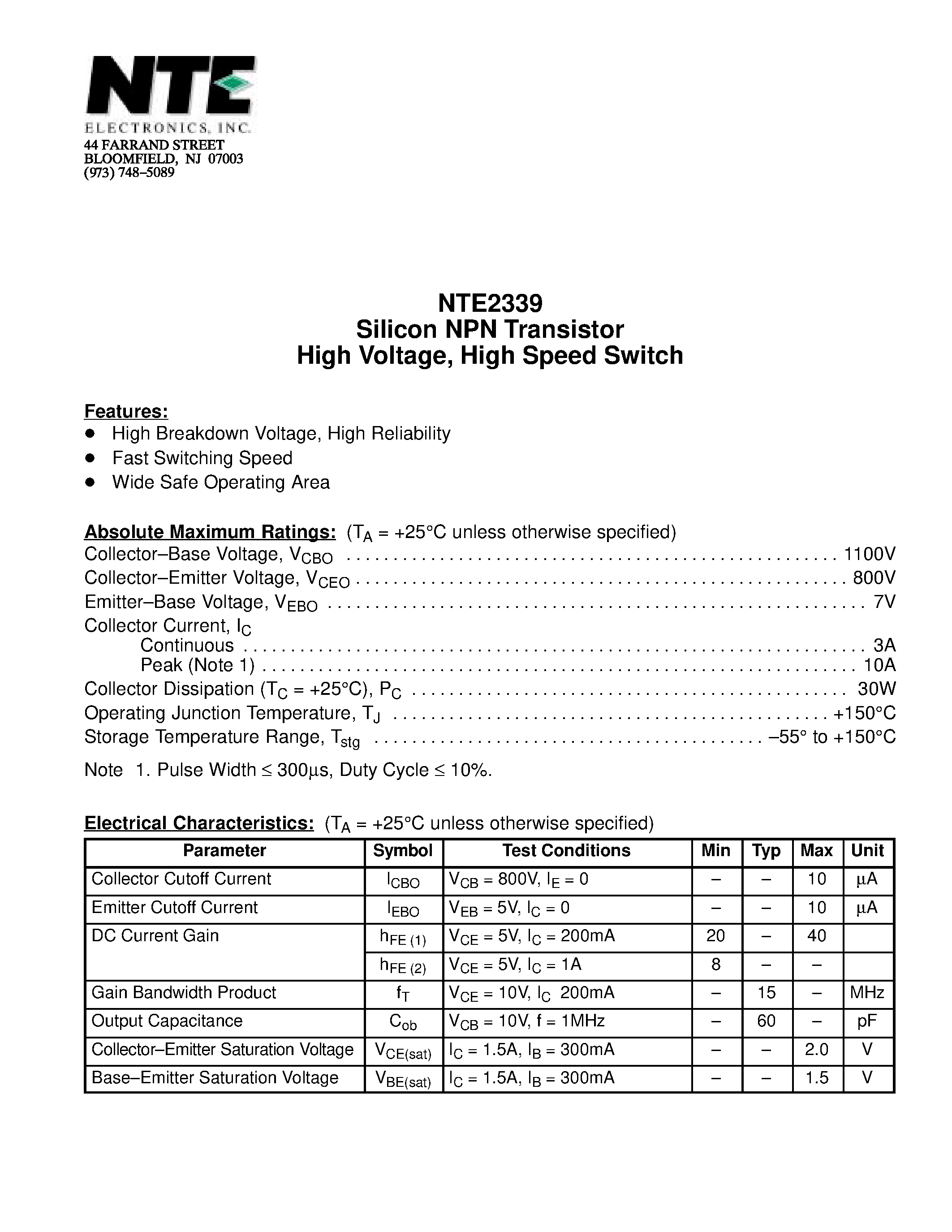 Datasheet NTE2339 page 1 Datasheet NTE2339 - Silicon NPN Transistor High Voltage / High Speed Switch page 1