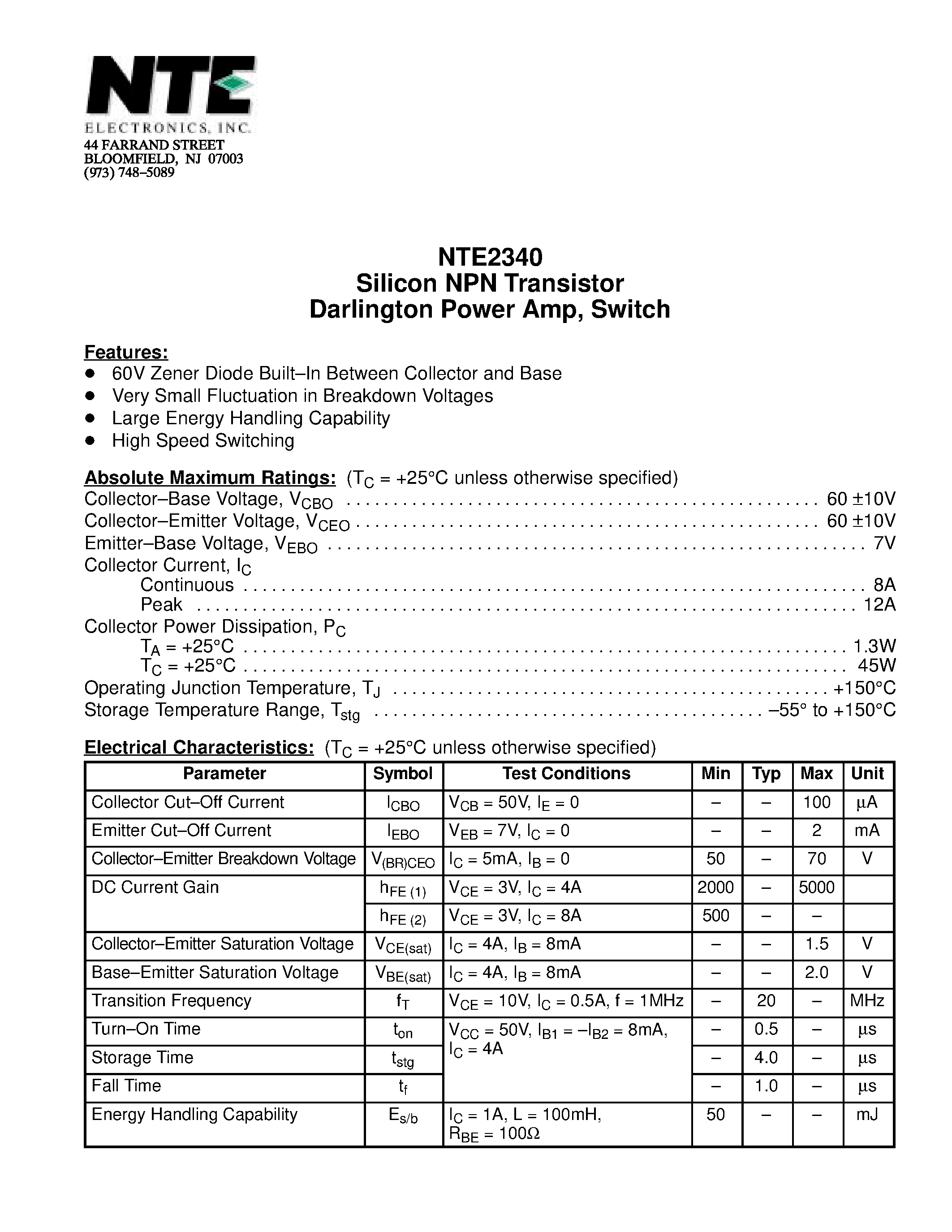 Datasheet NTE2340 page 1 Datasheet NTE2340 - Silicon NPN Transistor Darlington Power Amp / Switch page 1