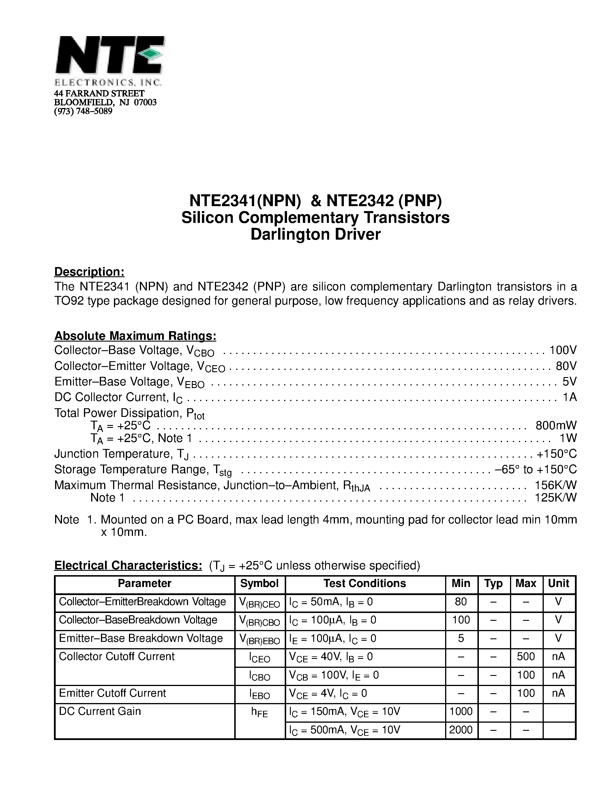 Datasheet NTE2341 - Silicon Complementary Transistors Darlington Driver page 1