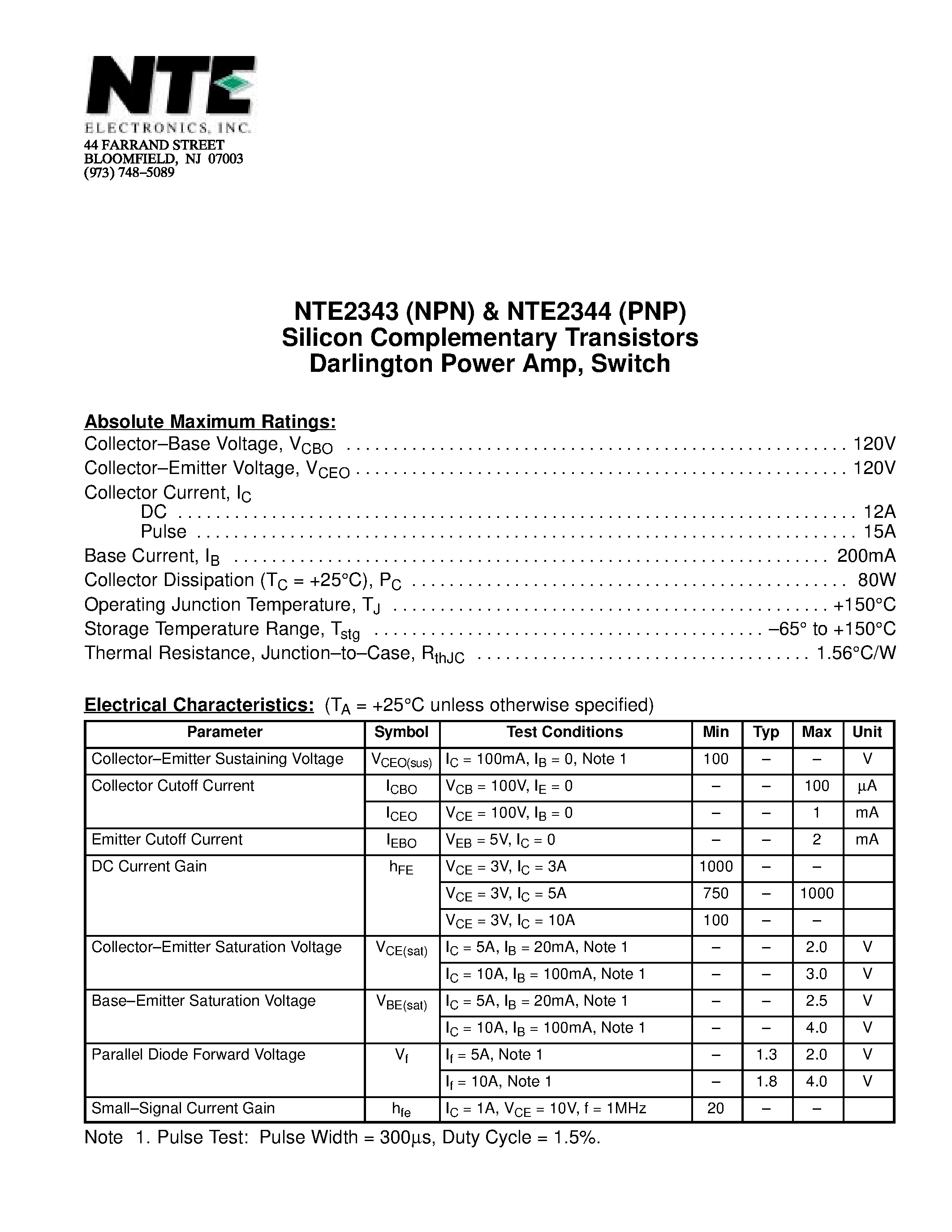 Datasheet NTE2343 - Silicon Complementary Transistors Darlington Power Amp / Switch page 1