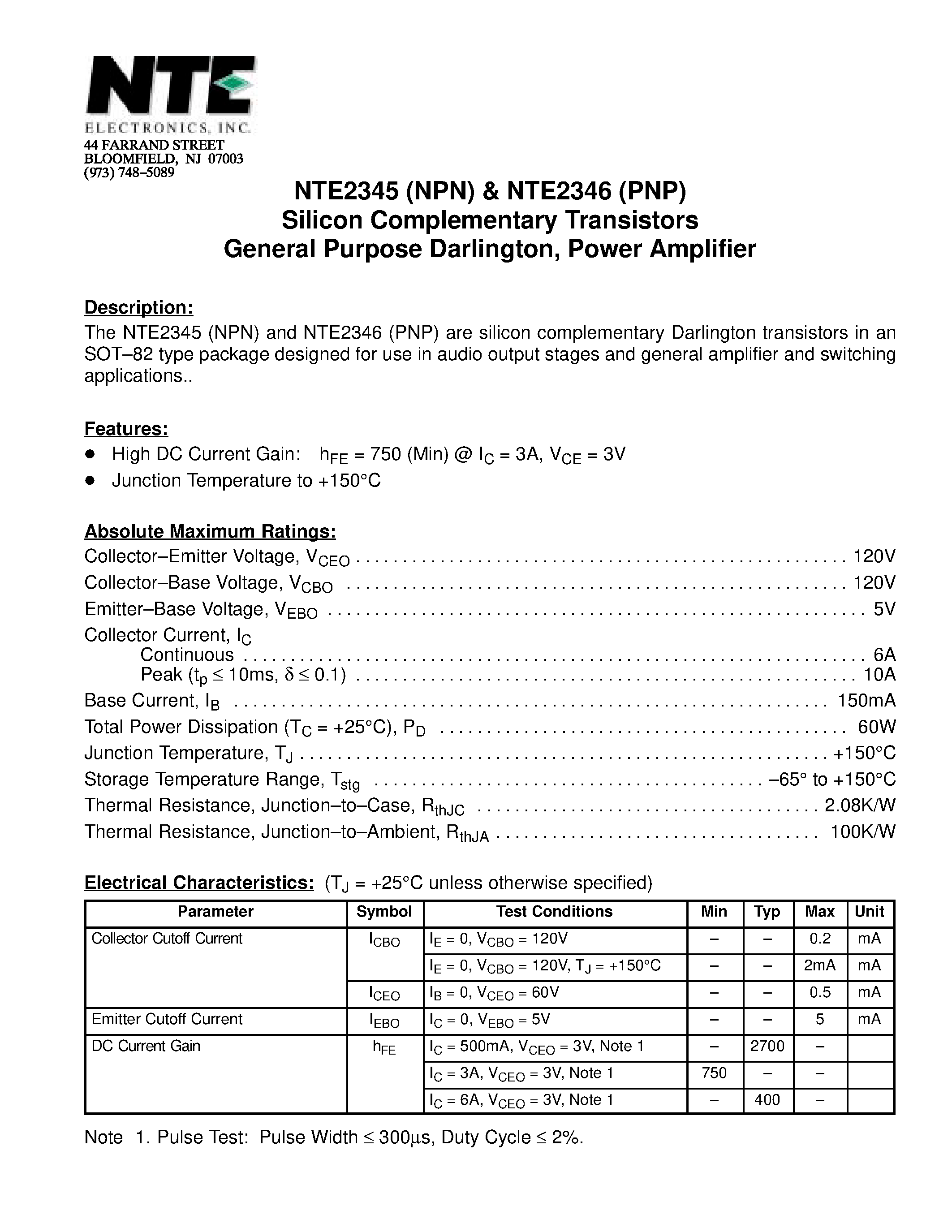 Datasheet NTE2345 - Silicon Complementary Transistors General Purpose Darlington / Power Amplifier page 1