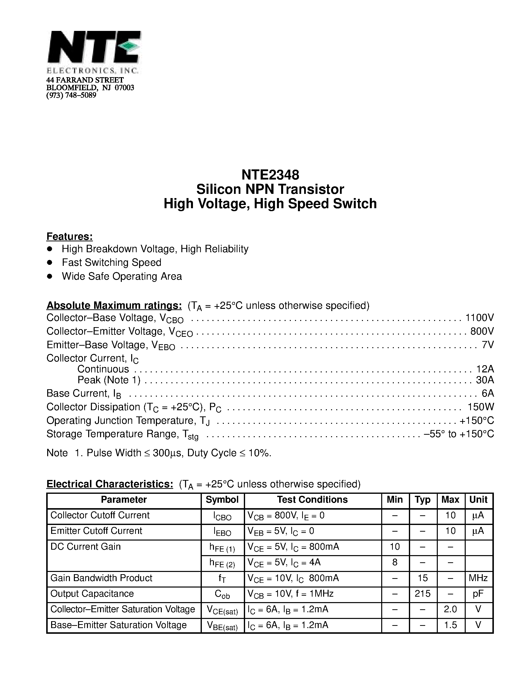 Datasheet NTE2348 page 1 Datasheet NTE2348 - Silicon NPN Transistor High Voltage / High Speed Switch page 1