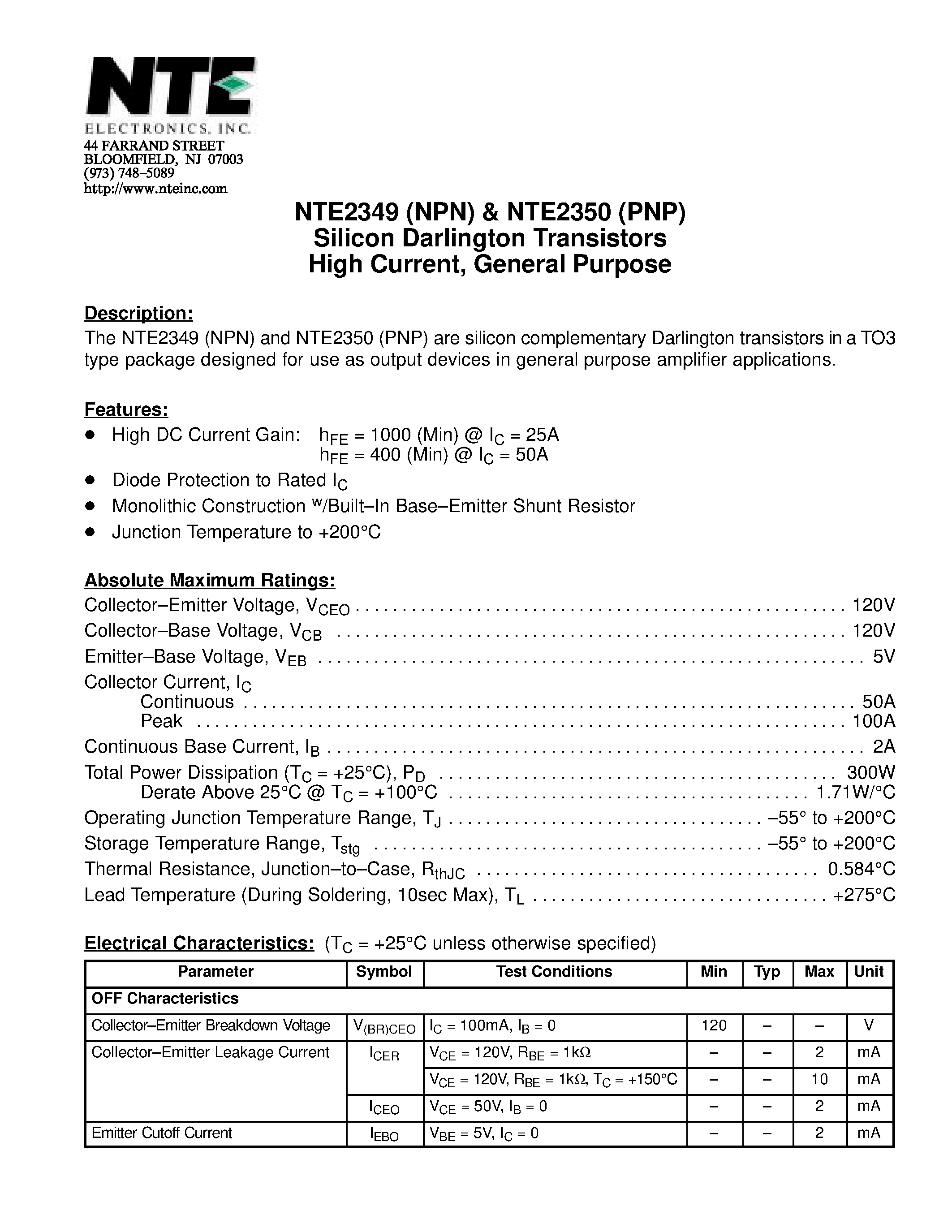 Datasheet NTE2349 - Silicon Darlington Transistors High Current / General Purpose page 1