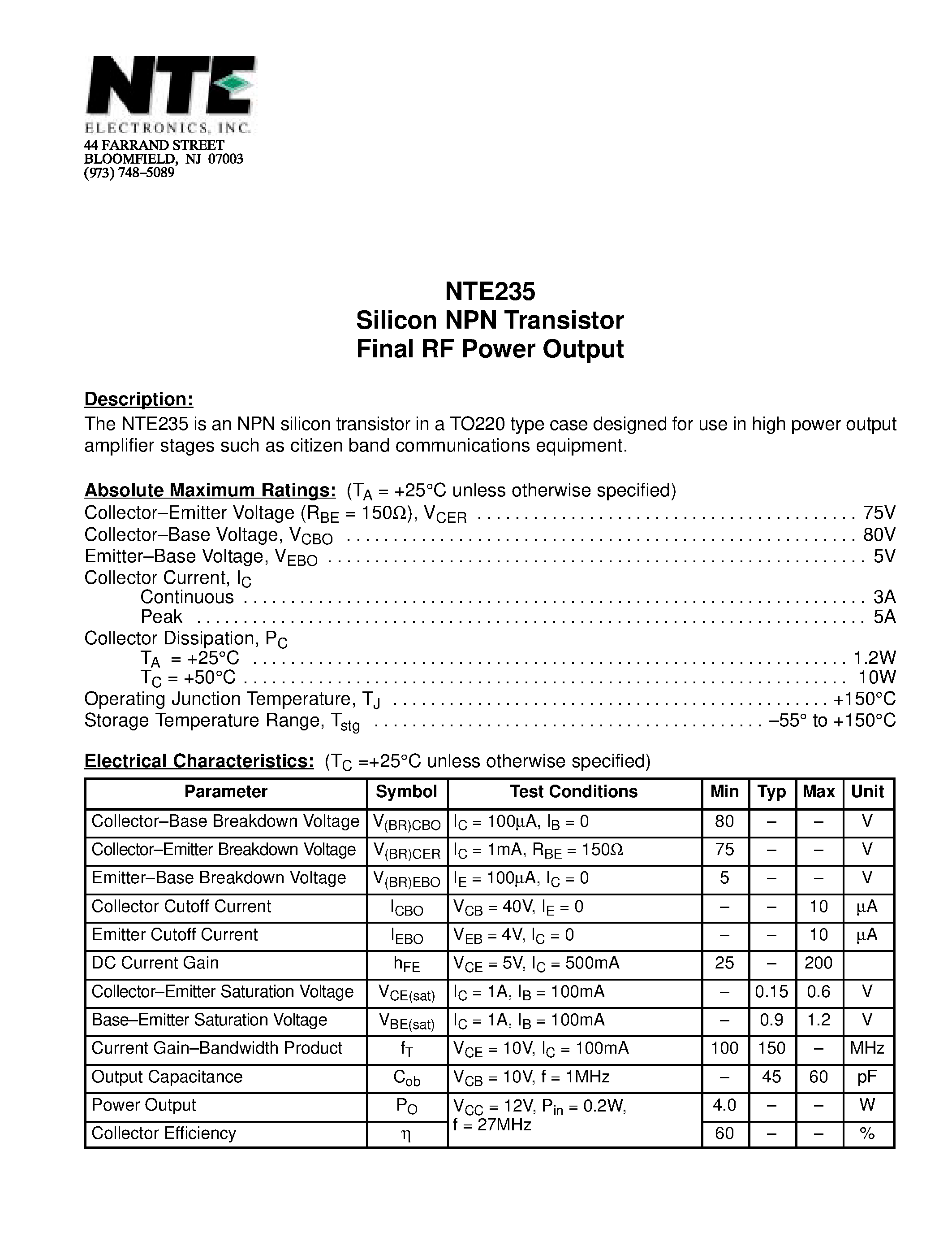 Datasheet NTE235 - Silicon NPN Transistor Final RF Power Output page 1
