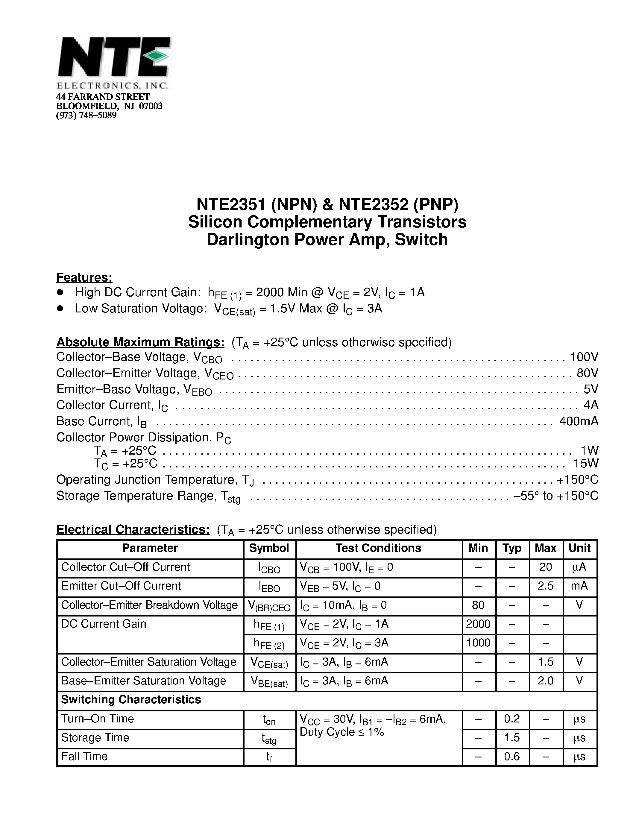 Datasheet NTE2351 - Silicon Complementary Transistors Darlington Power Amp / Switch page 1
