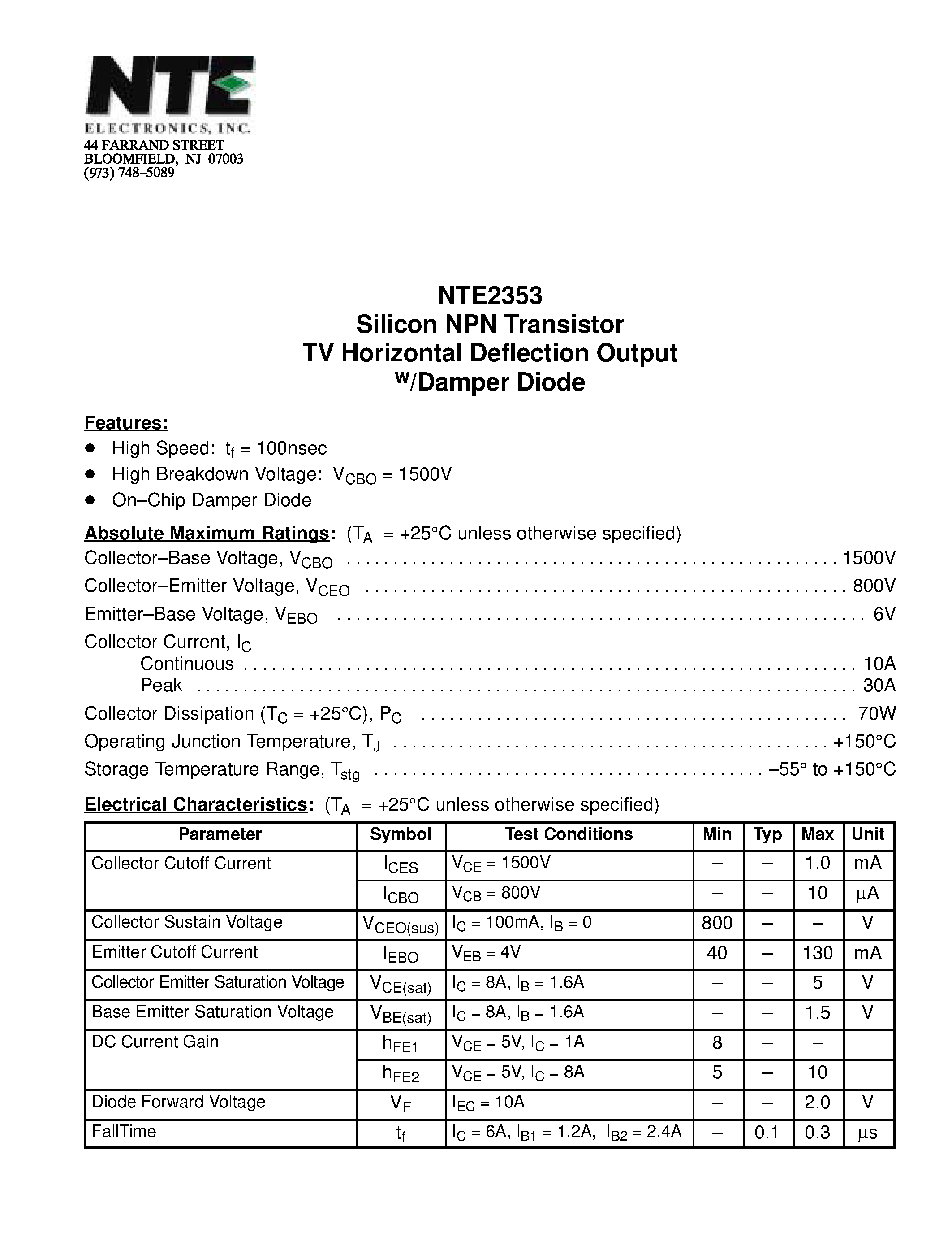 Datasheet NTE2353 - Silicon NPN Transistor TV Horizontal Deflection Output w/Damper Diode page 1