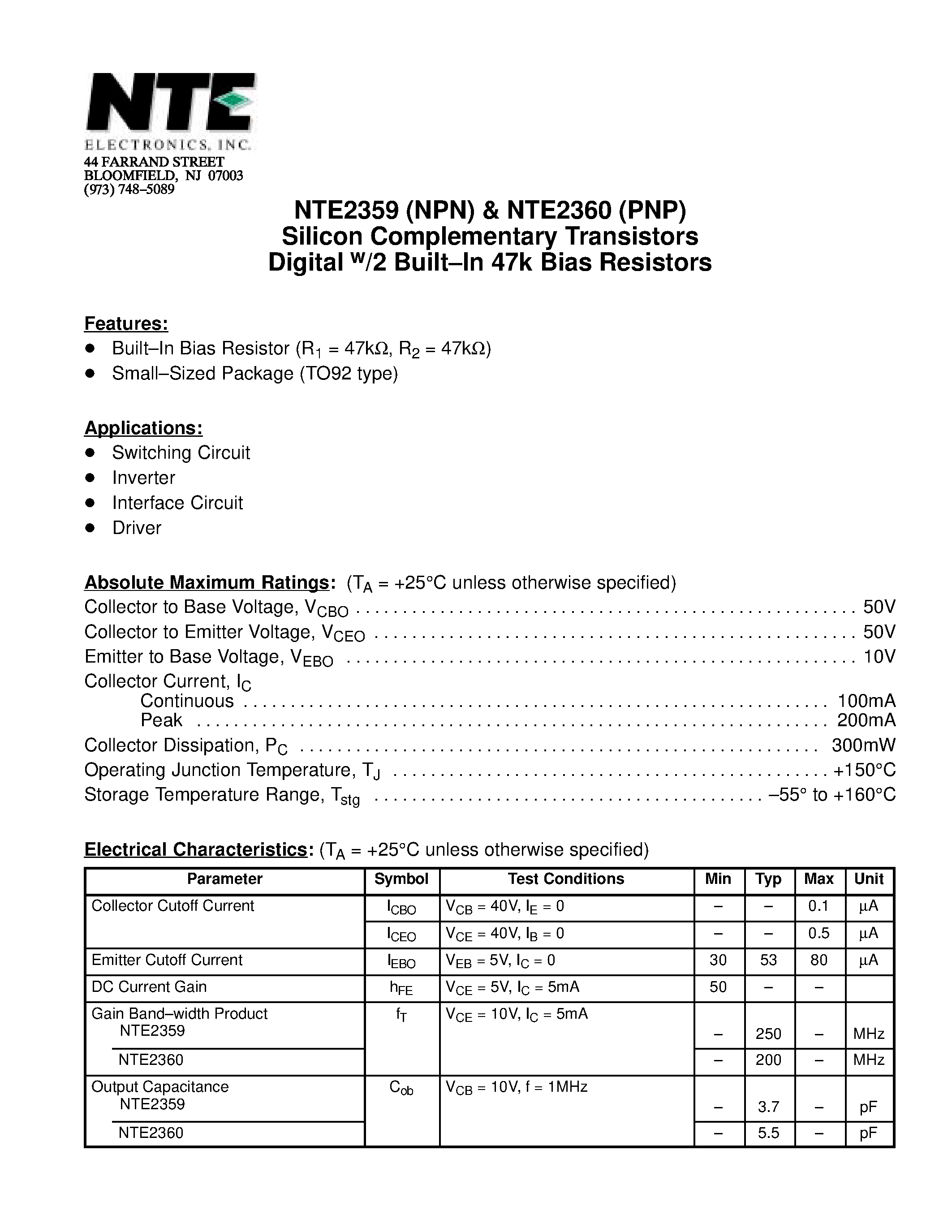 Datasheet NTE2359 - Silicon Complementary Transistors Digital w/2 Built-In 47k Bias Resistors page 1