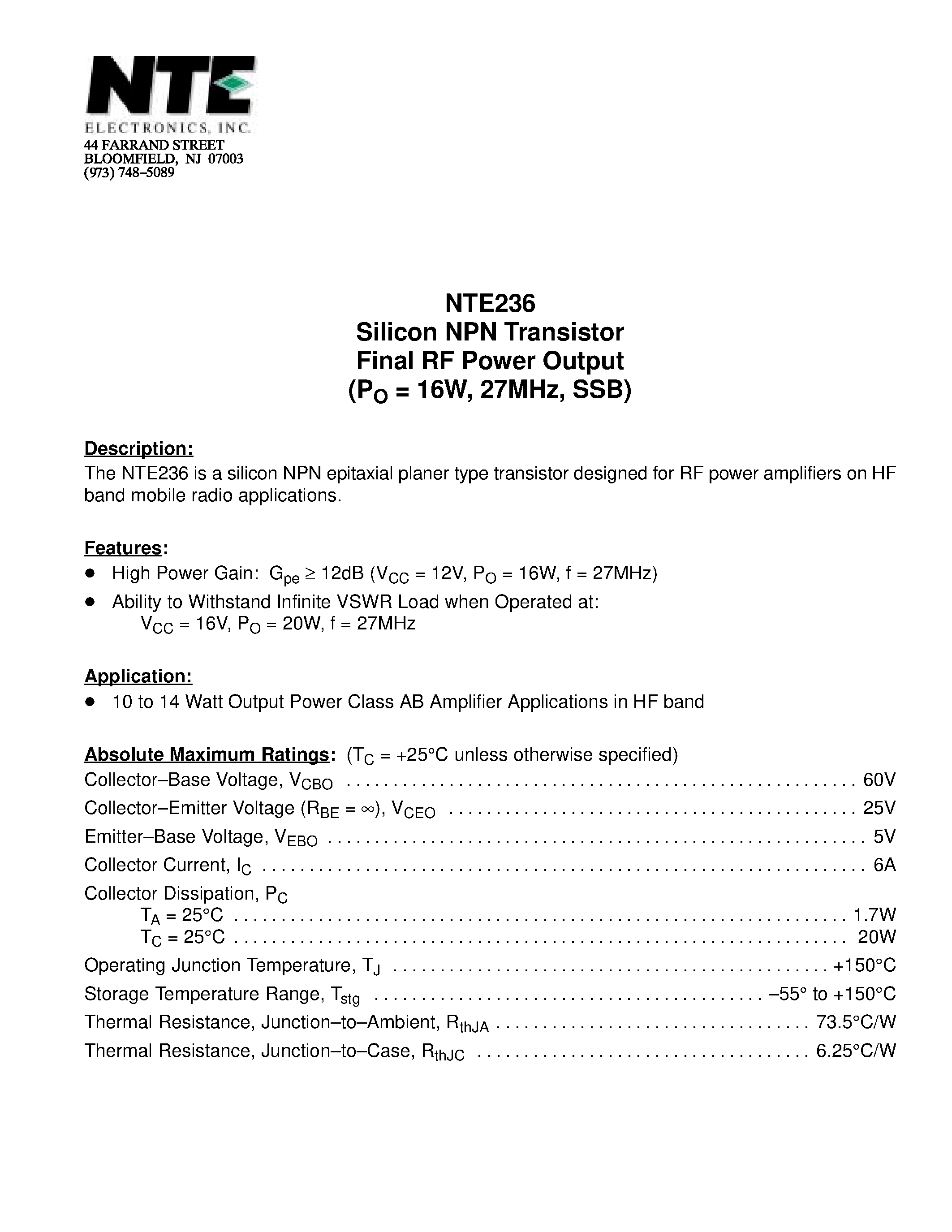 Даташит NTE236 - Silicon NPN Transistor Final RF Power Output (PO = 16W / 27MHz / SSB) страница 1