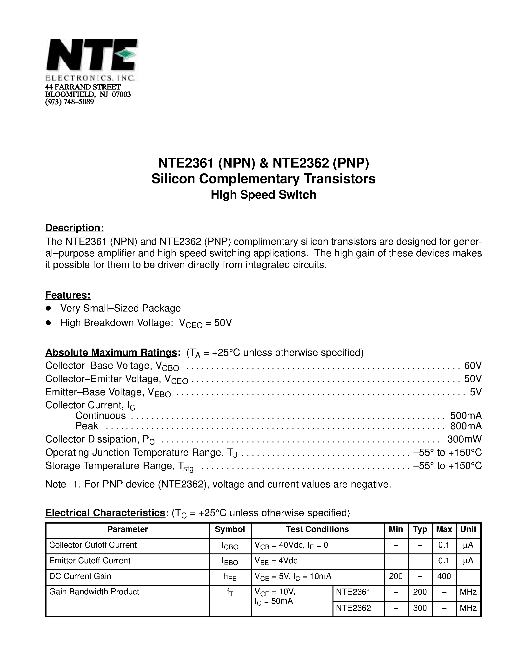 Datasheet NTE2361 - Silicon Complementary Transistors High Speed Switch page 1
