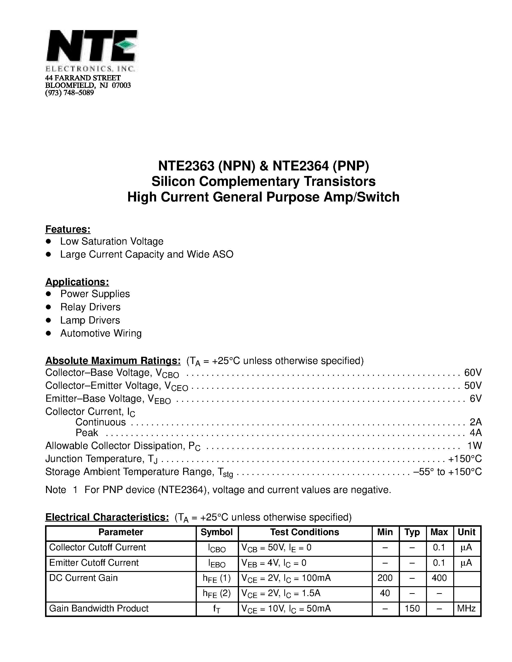 Datasheet NTE2363 - Silicon Complementary Transistors High Current General Purpose Amp/Switch page 1
